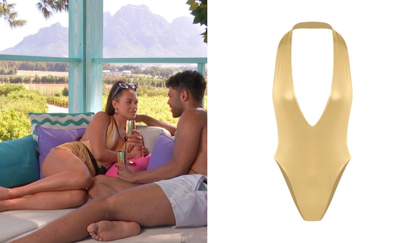 Olivia Hawkins' Gold Plunge Swimsuit