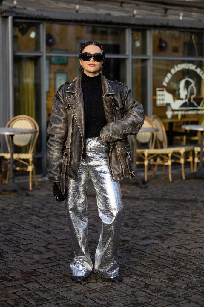 Silver metallic leather trousers | Sophie and Lucie
