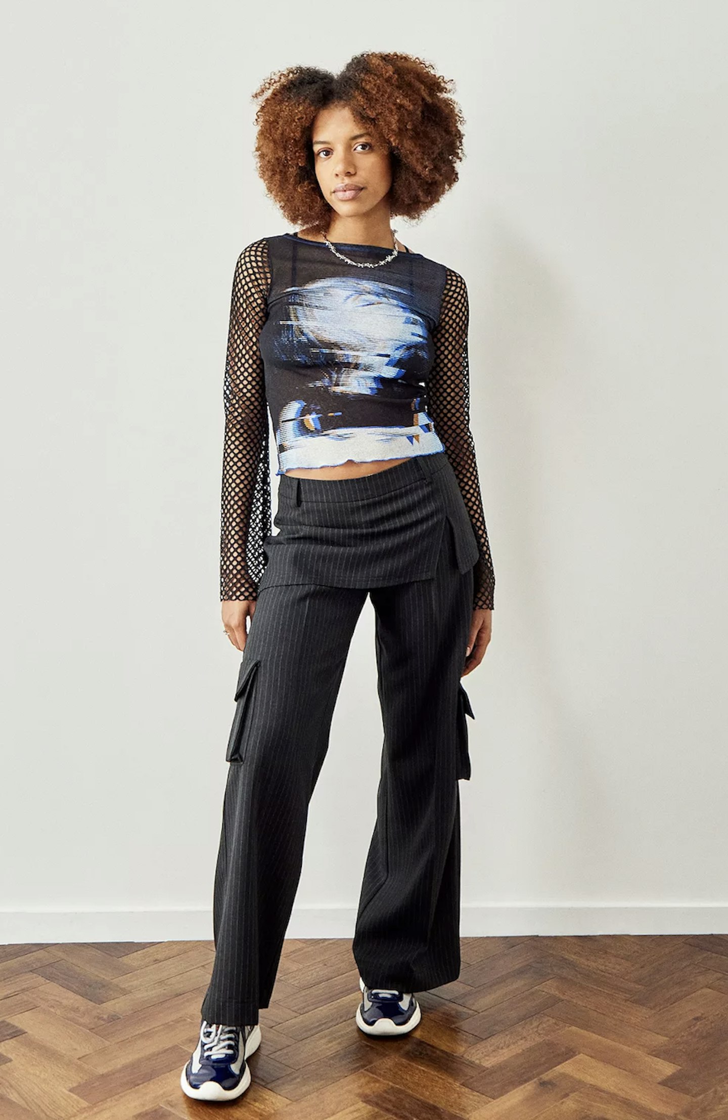 Urban Outfitters, Archive Charcoal Pinstripe La Lune Skirt Over Trousers