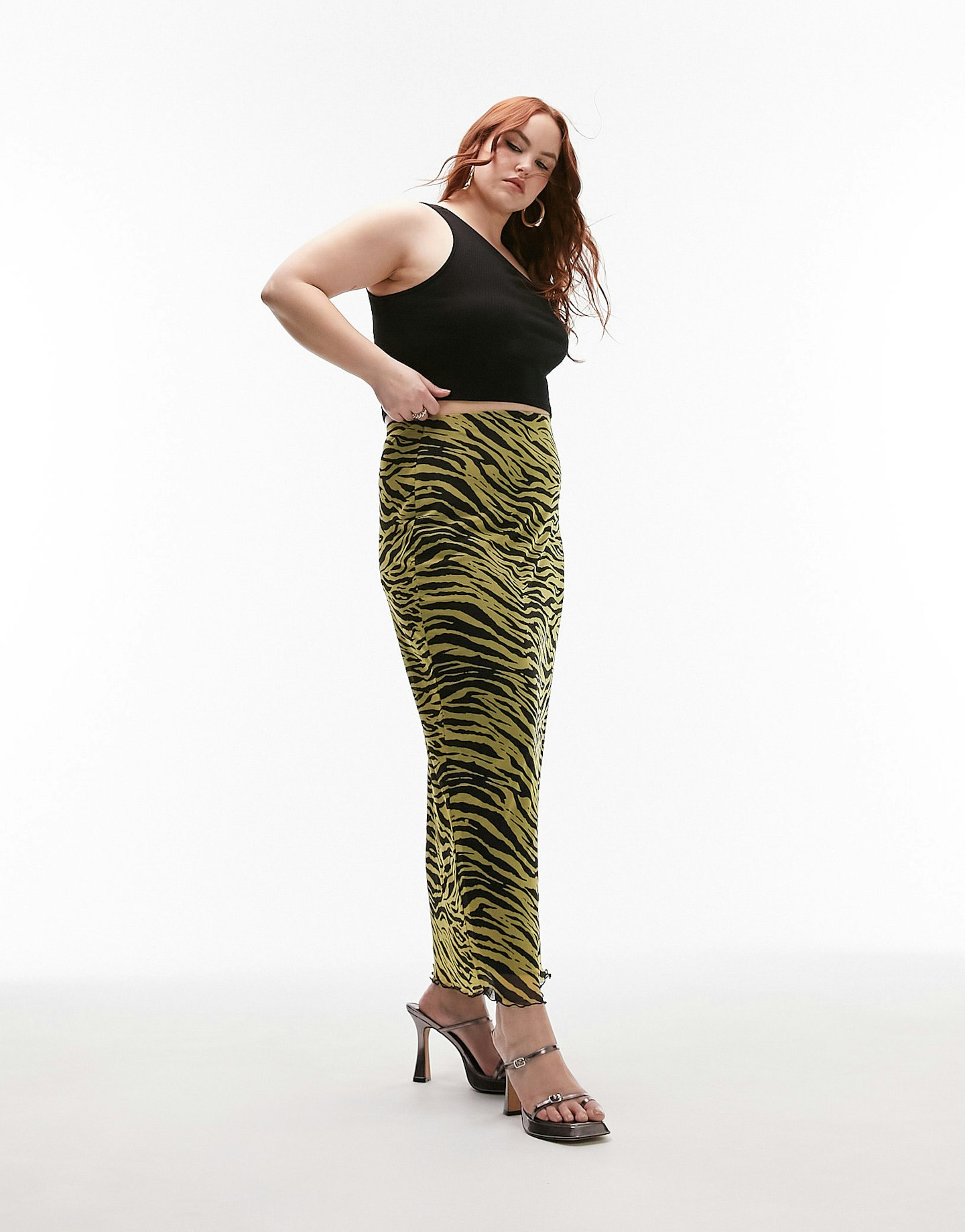 Tosphop Curve, Mesh Grunge Zebra Print Midi Skirt