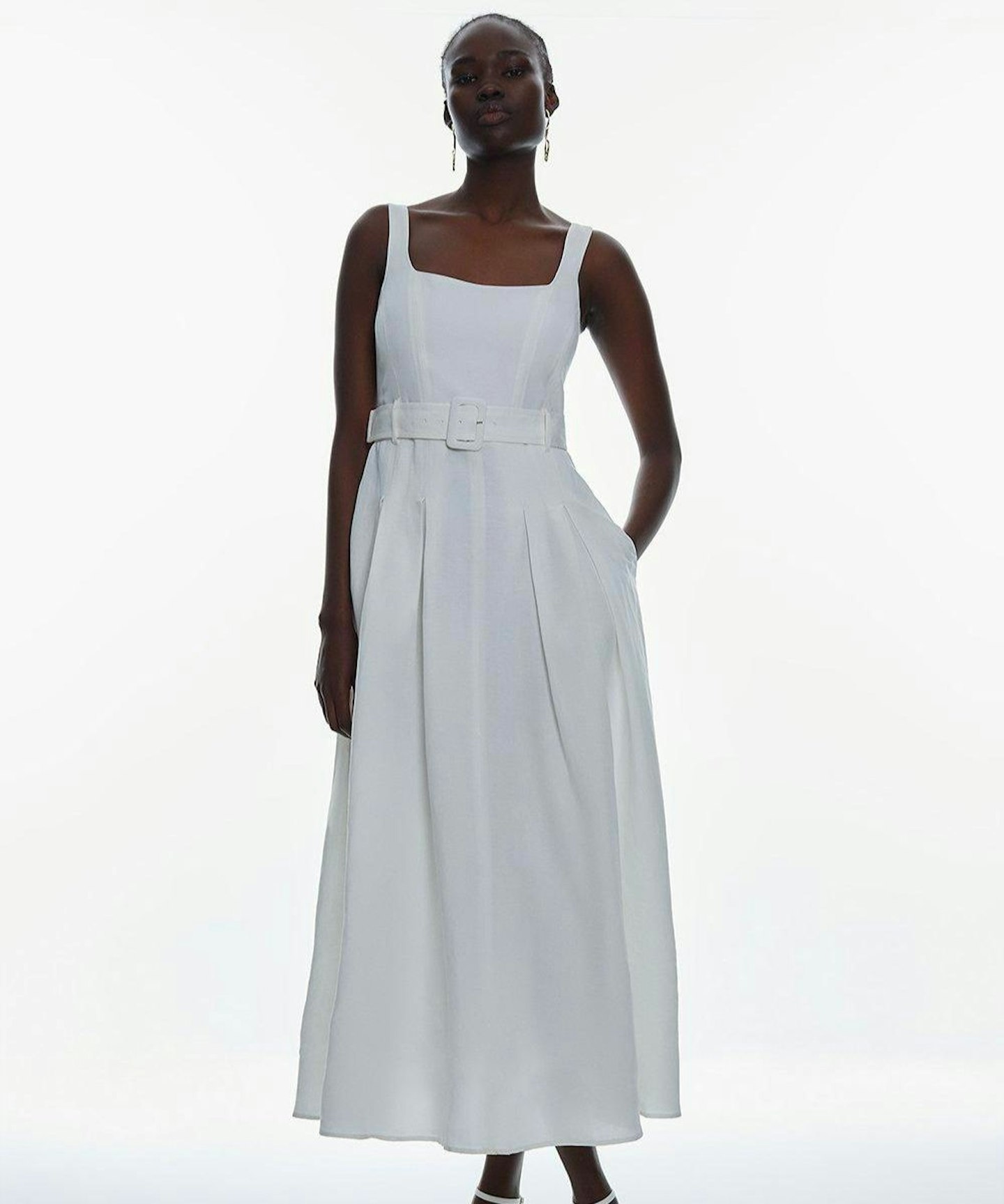 Karen Millen Linen Seamed Detail Full Skirted Midi Dress