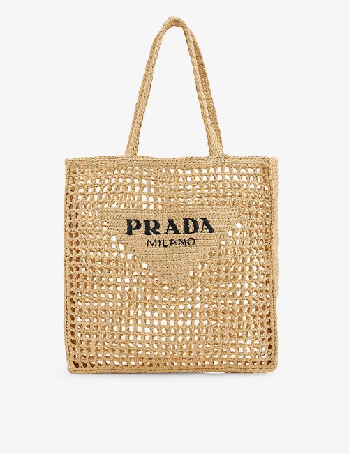 Prada, Logo Crochet Straw Tote Bag