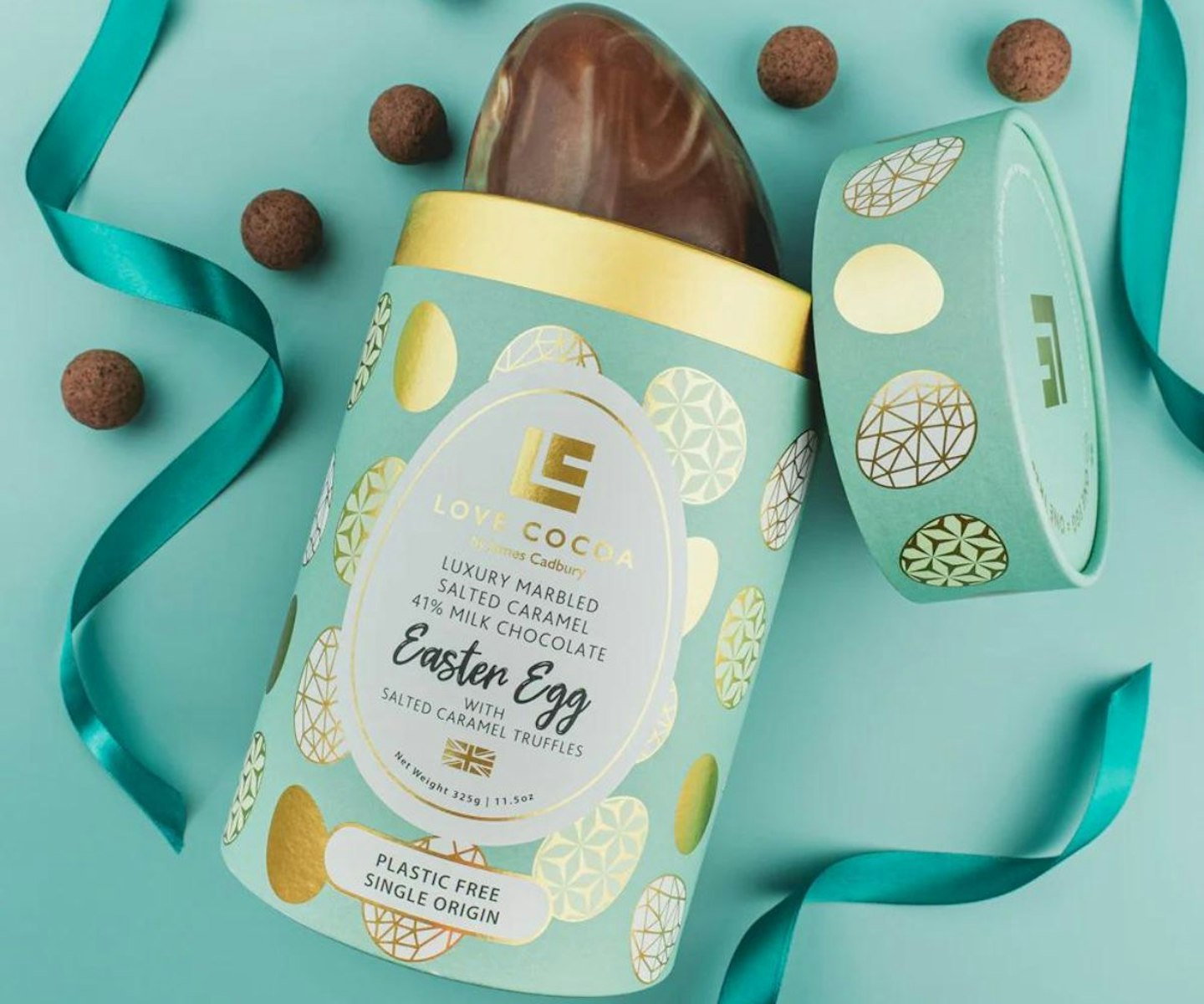 Love Cocoa, Salted Caramel Marbled Milk Chocolate Easter Egg with Salted Caramel Truffles