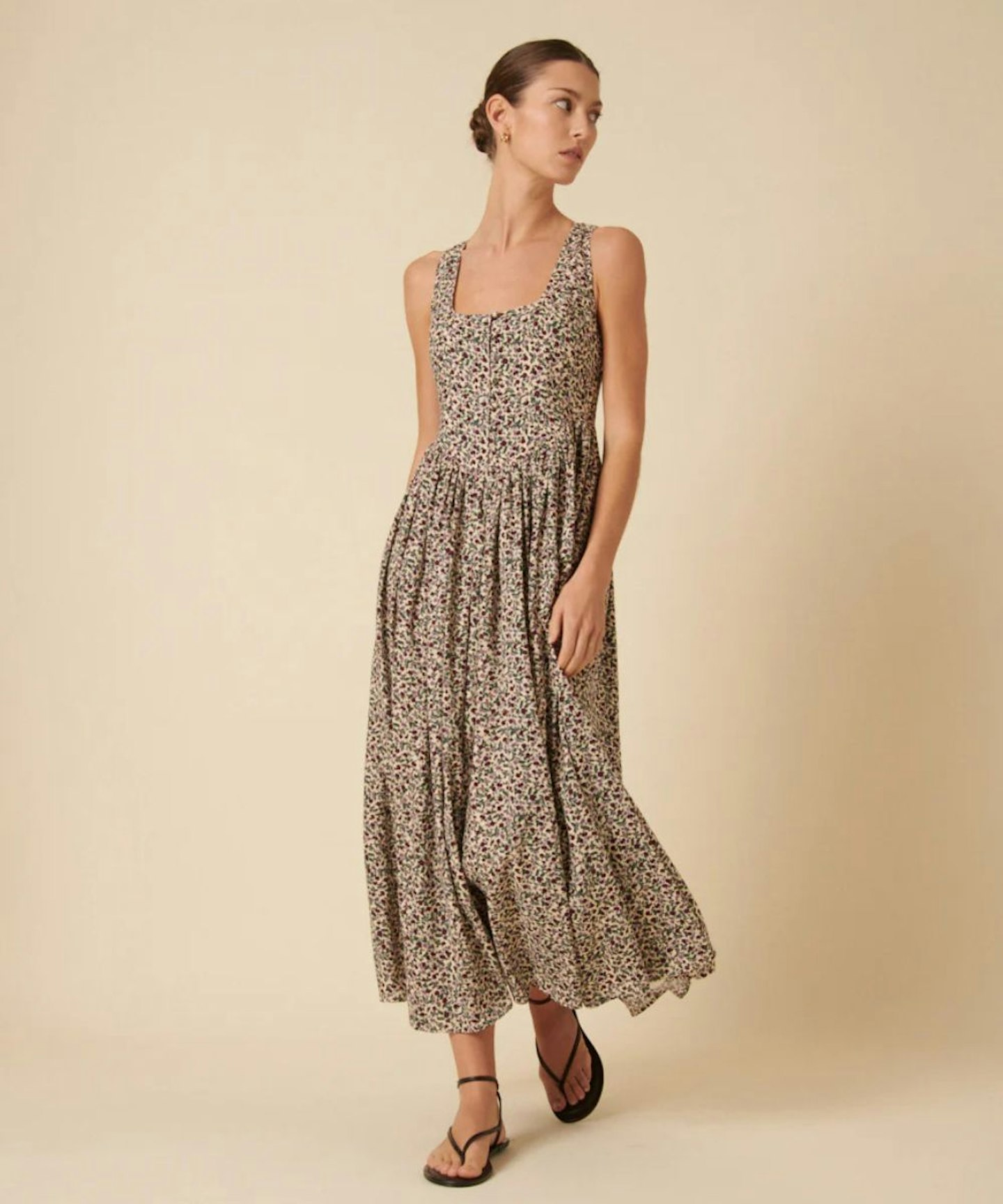 Cream Ditsy Floral Linen-Blend Cora Midi Dress