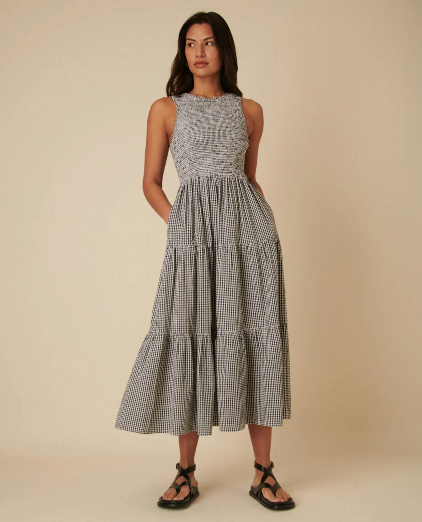 Black Gingham Sleeveless Tiered Charlie Midi Dress