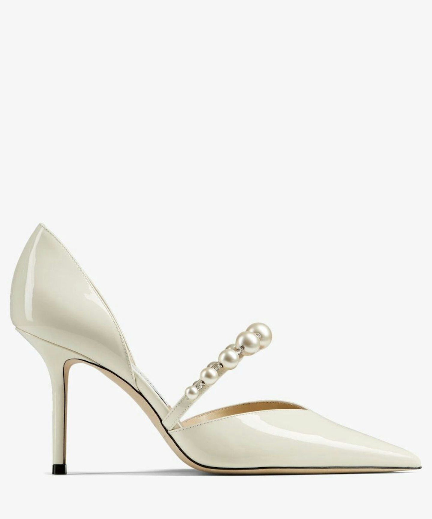 Jimmy Choo Aurelie 65 Latte Patent Leather Pointed Pumps with Pearl Embellishment