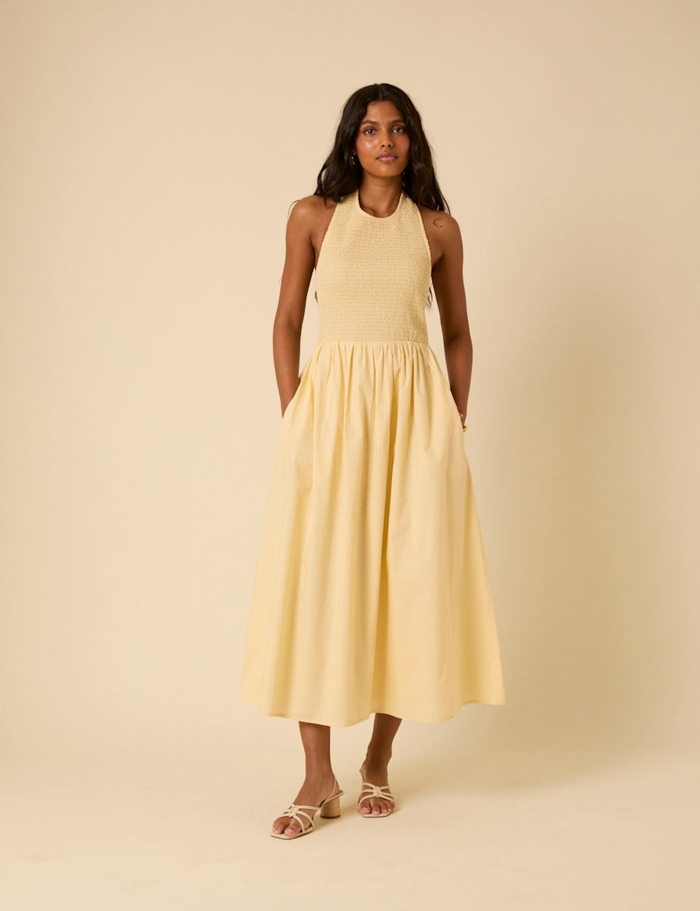 Nobody's Child, Butter Yellow Shirred Halter Neck Tizzy Midi Dress
