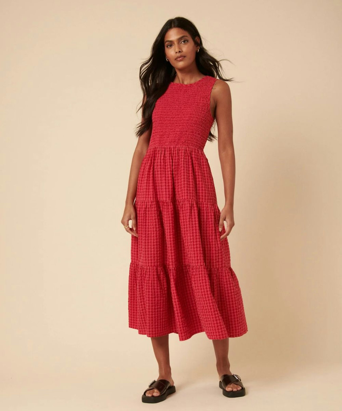 Pink And Red Gingham Sleeveless Tiered Charlie Midi Dress