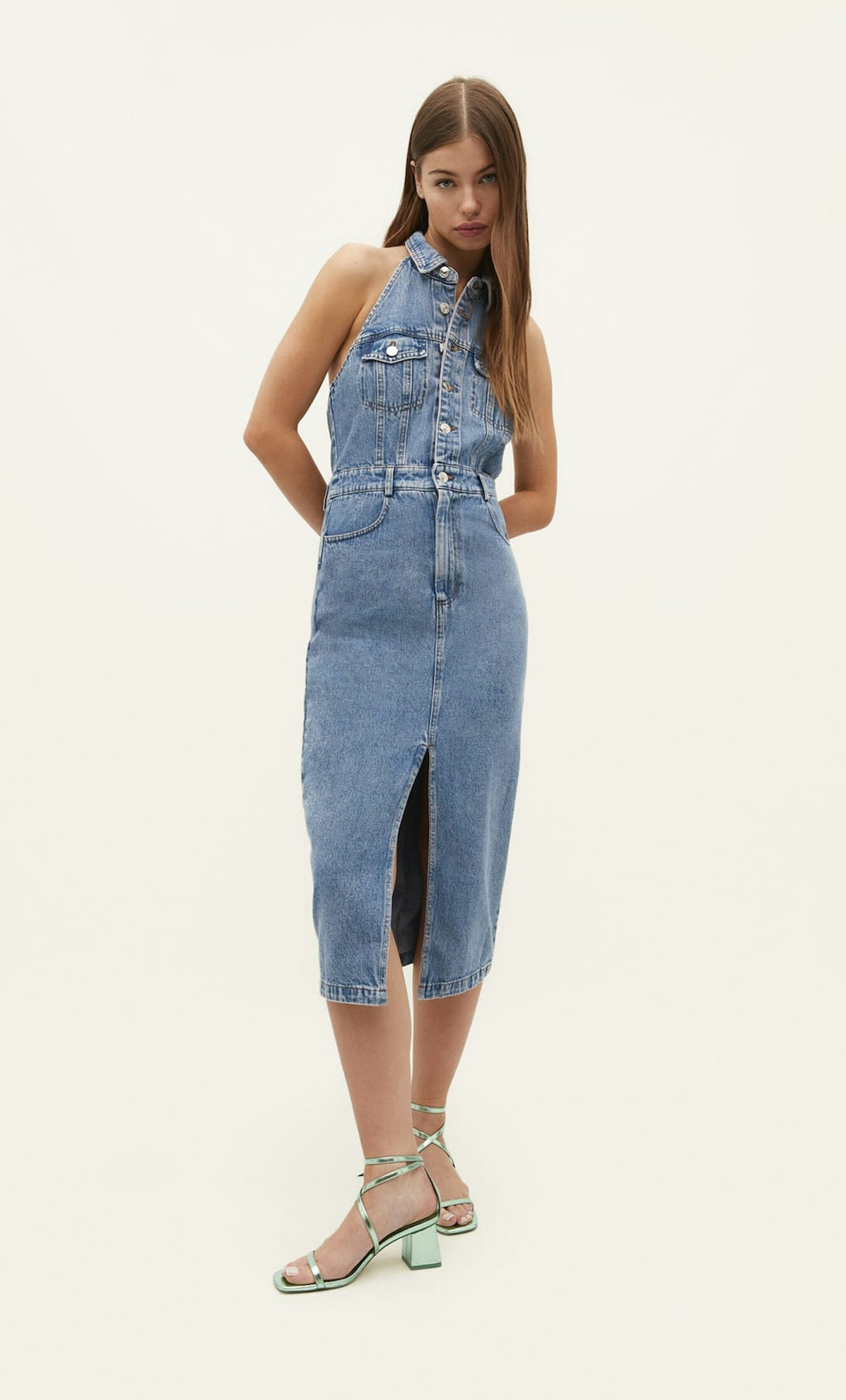 Stradivarius, Denim Halter Neck Dress