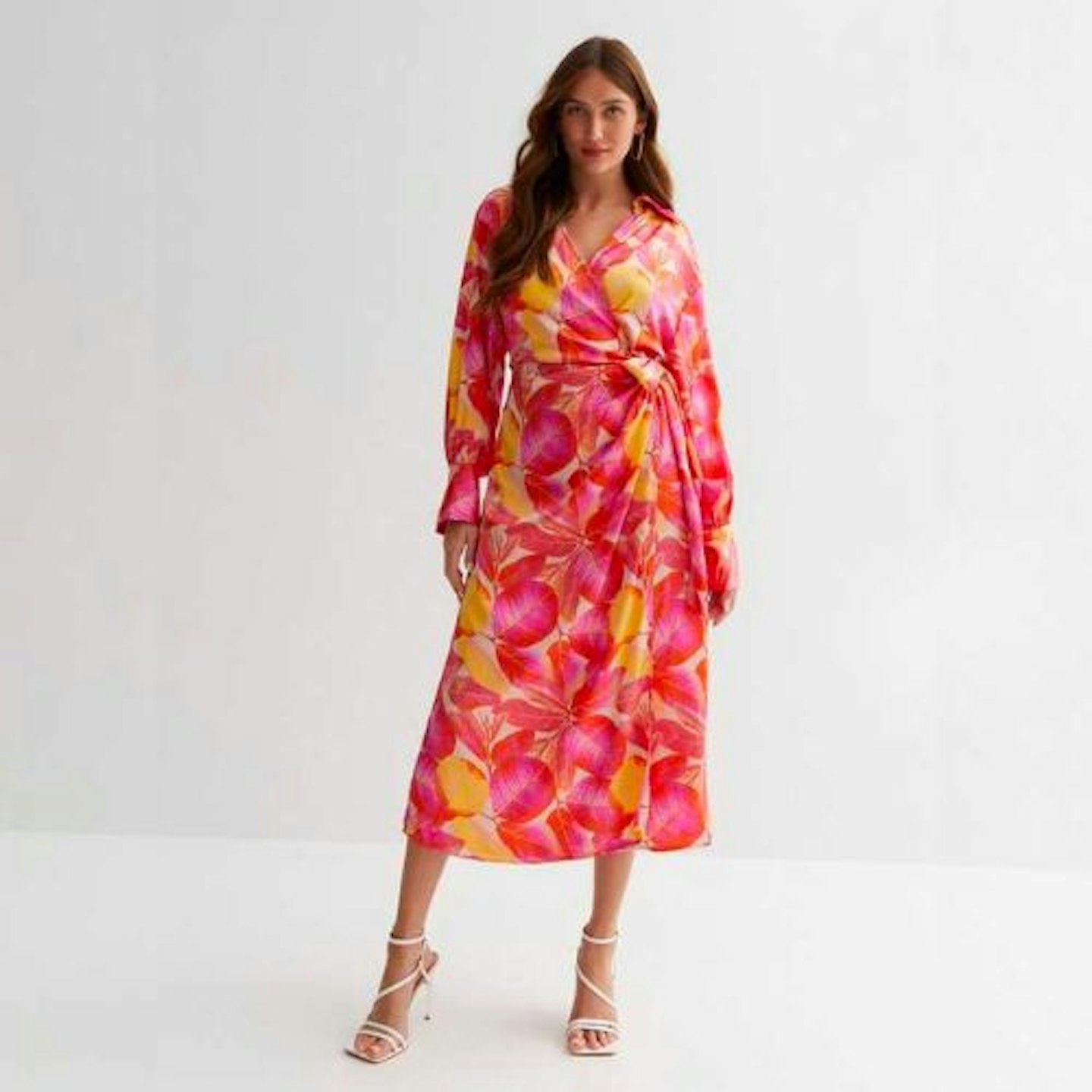 New Look, VILA Pink Leaf Satin Midi Wrap Shirt Dress