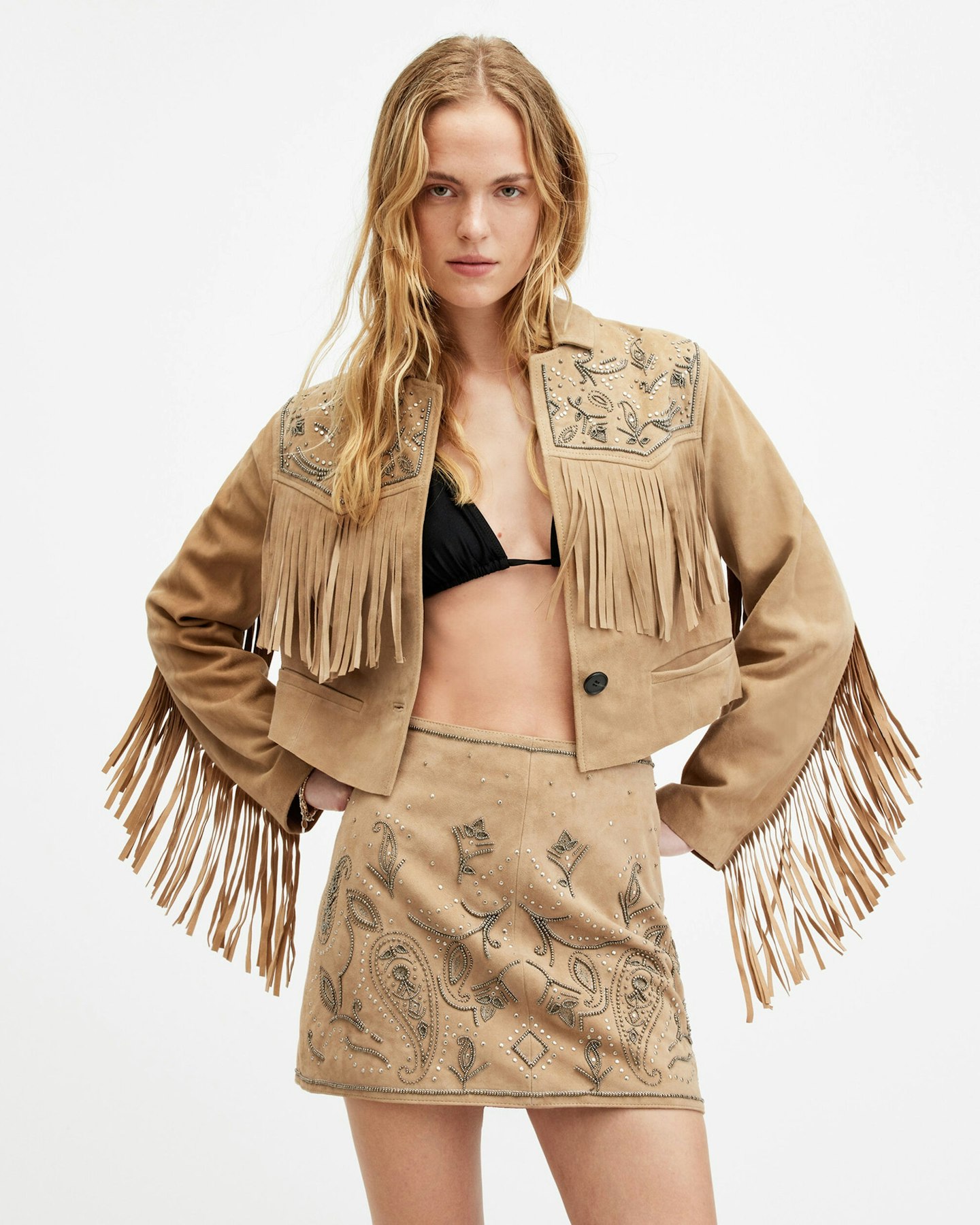 allsaints fringed jacket abba outfits