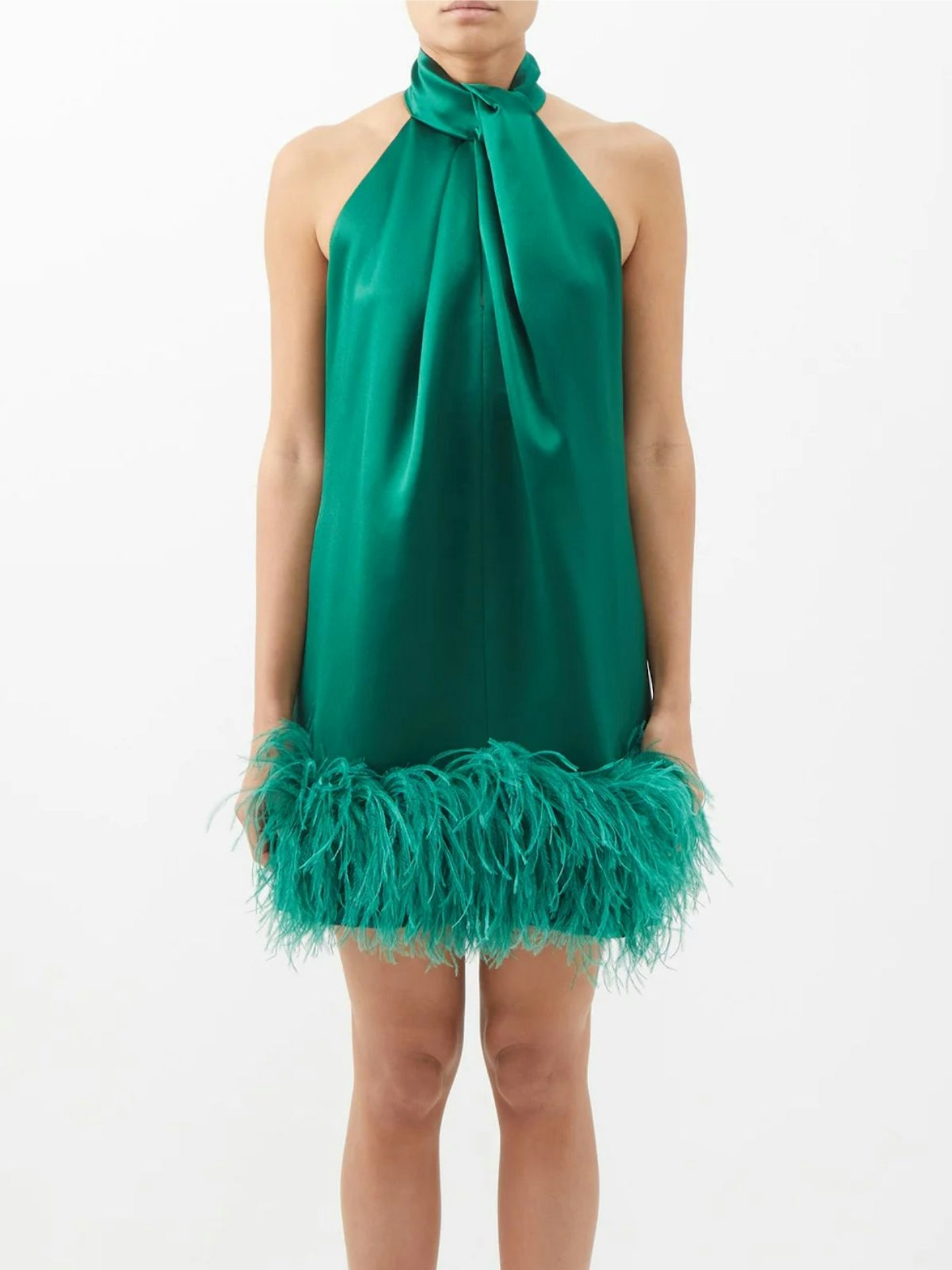 16Arlington, Cynthia Feather-Trim Halter-Neck Satin Mini Dress
