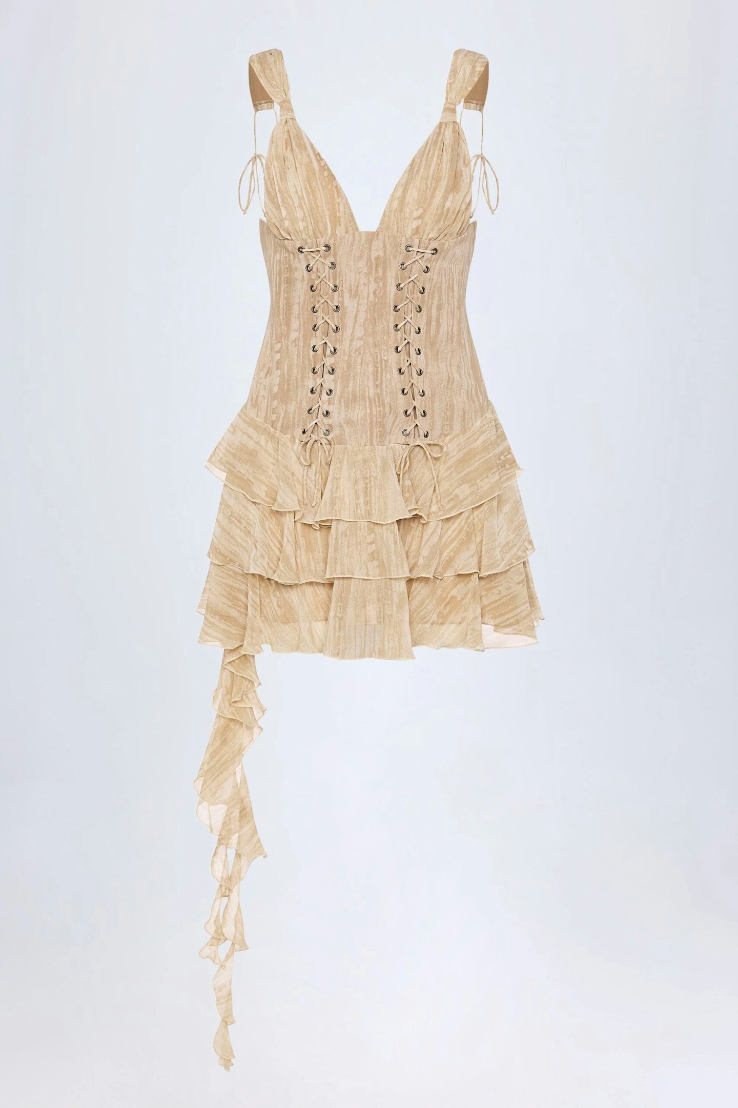 Oh Polly, Lace-Up Ruffled Tiered Mini Dress in Tan Print