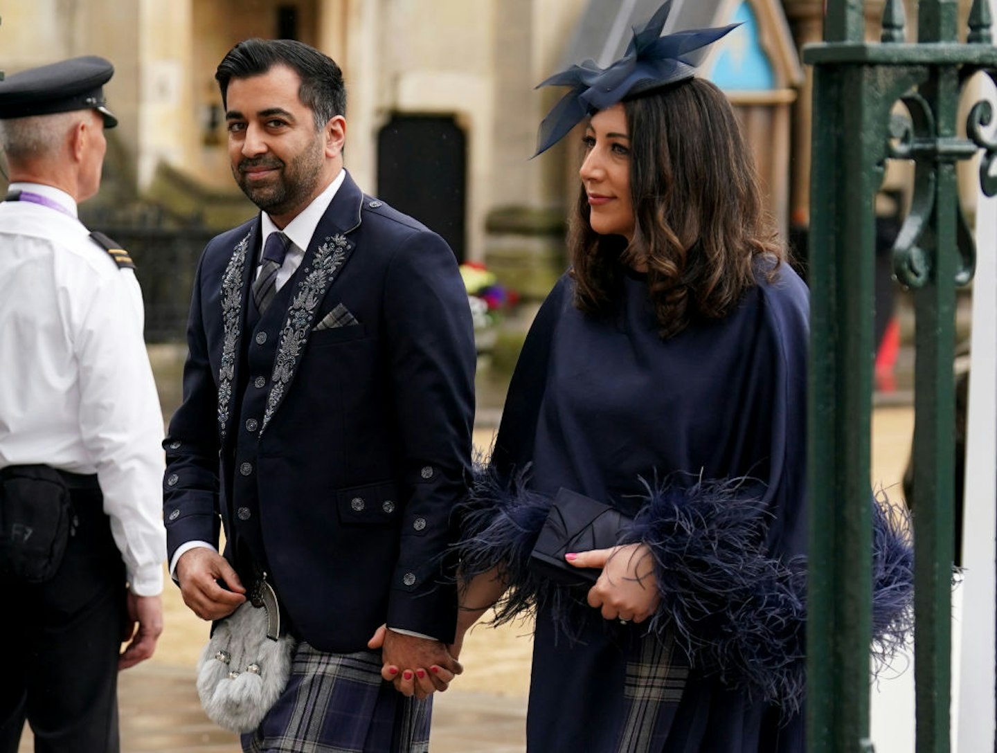 First Minister of Scotland Humza Yousaf and his wife Nadia El-Nakla arrive at Westminster Abbey