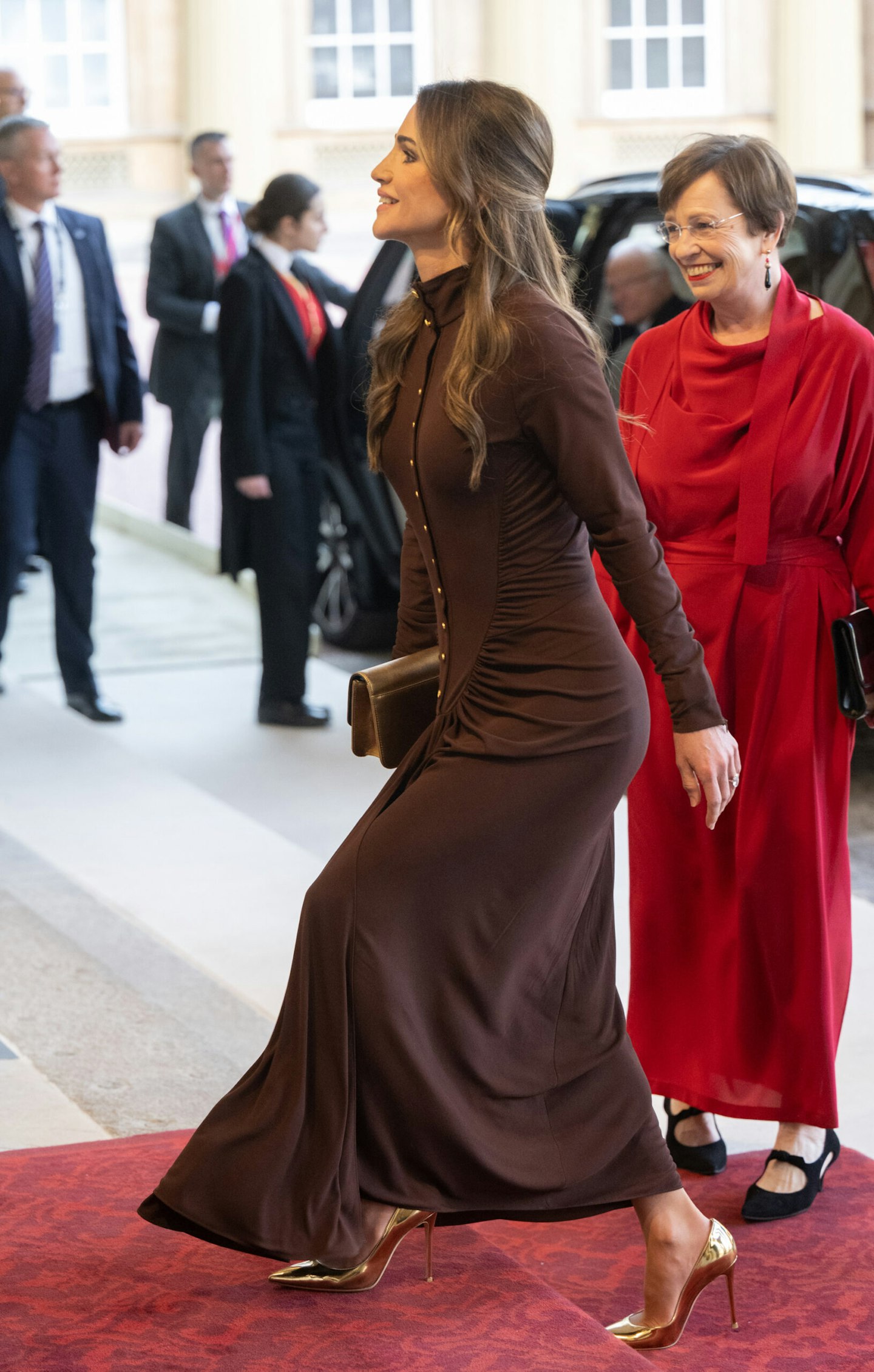 Queen Rania of Jordan attends the Coronation Reception For Overseas Guests at Buckingham Palace.