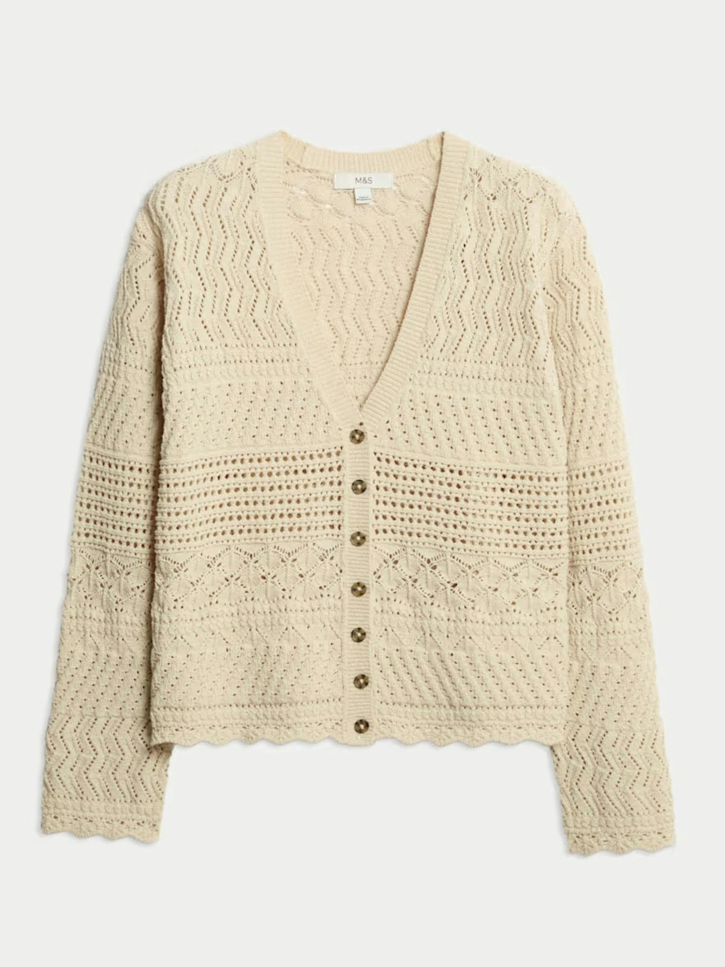 Cotton Blend Pointelle V-Neck Button Front Cardigan