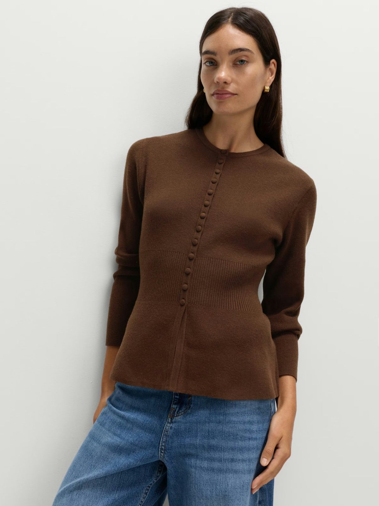 Soft Touch Crew Neck Peplum Fitted Cardigan