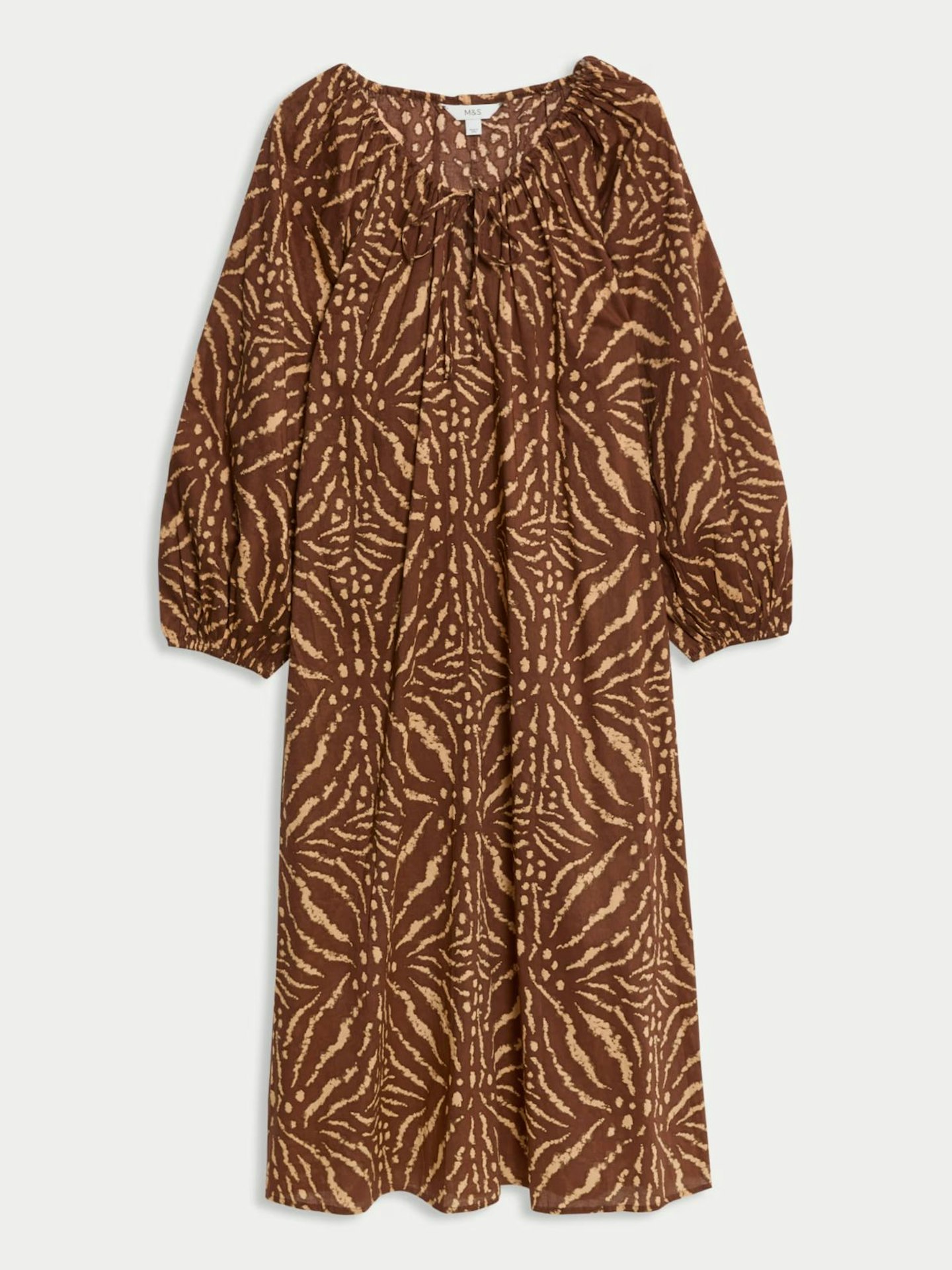 Pure Cotton Printed Tie Neck Puff Sleeve Midaxi Kaftan Dress