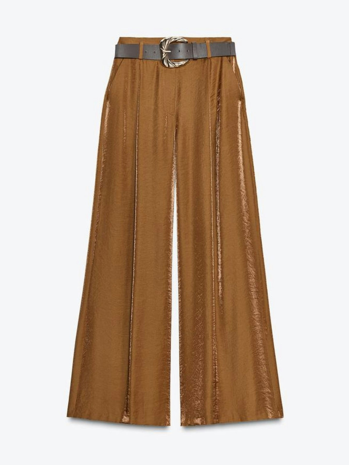 Wide Satin Trousers With Belt