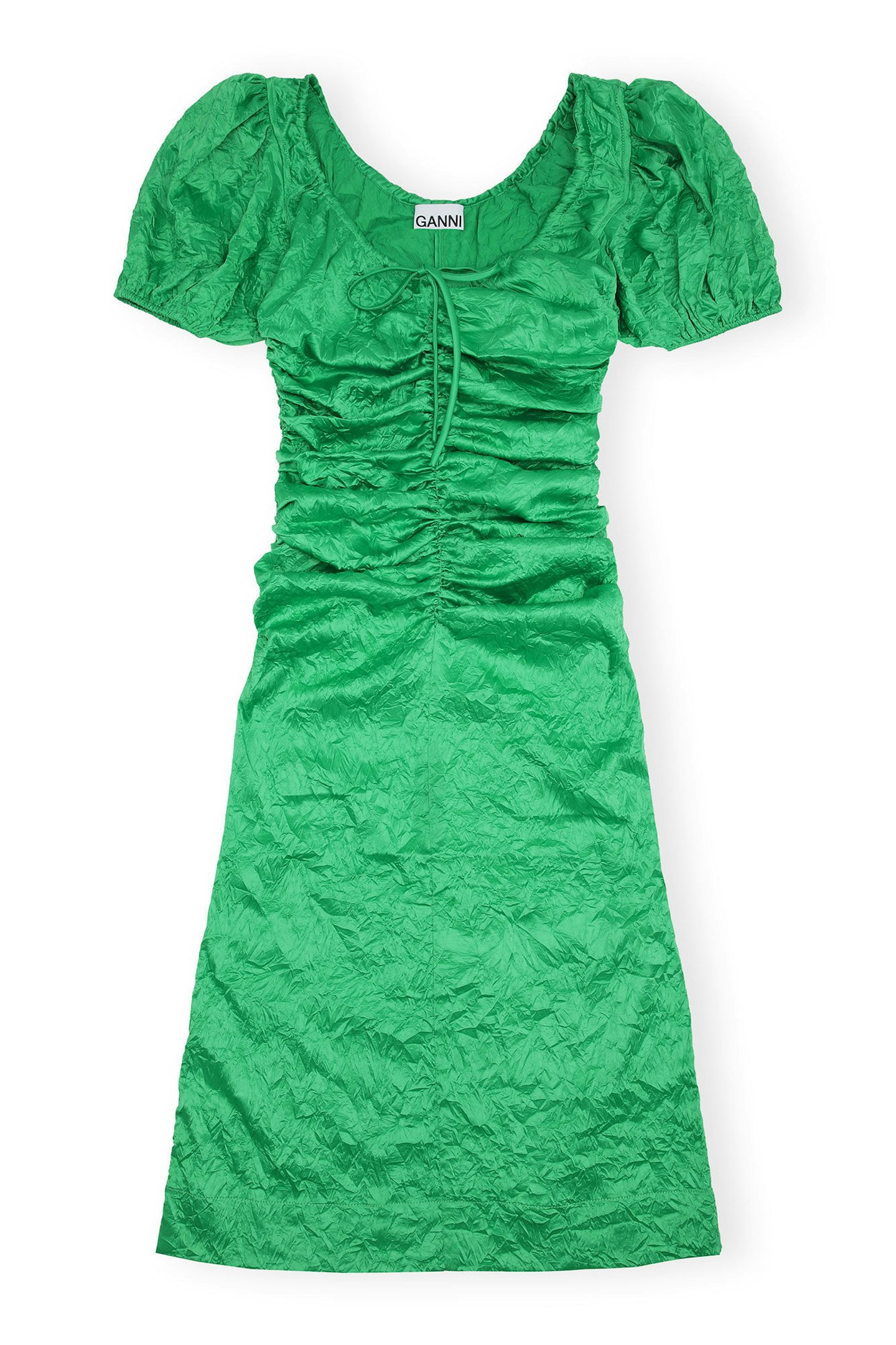 Ganni, Green Crinkled Satin Midi Dress
