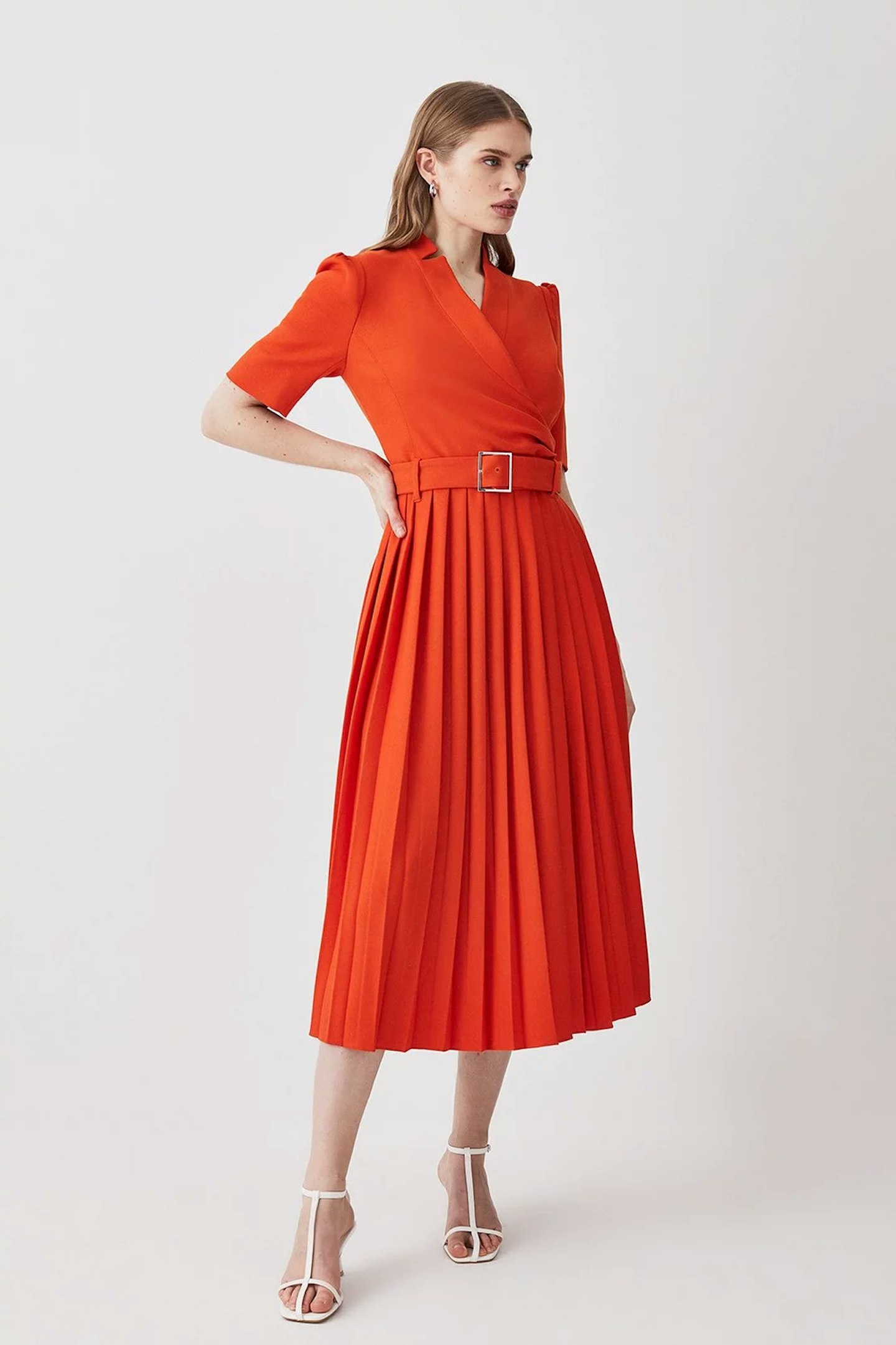 Karen Millen, Structured Crepe Notch Neck Wrap Belted Forever Midi Dress