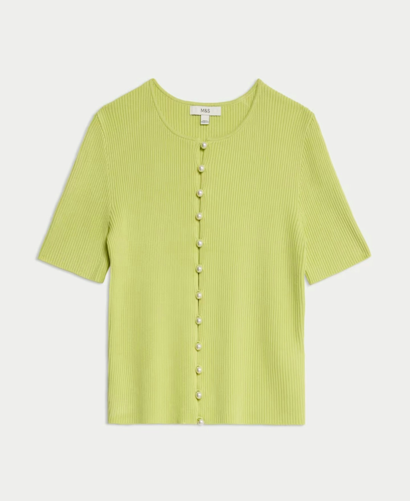 Textured Crew Neck Pearl Look Button Cropped Knitted Top