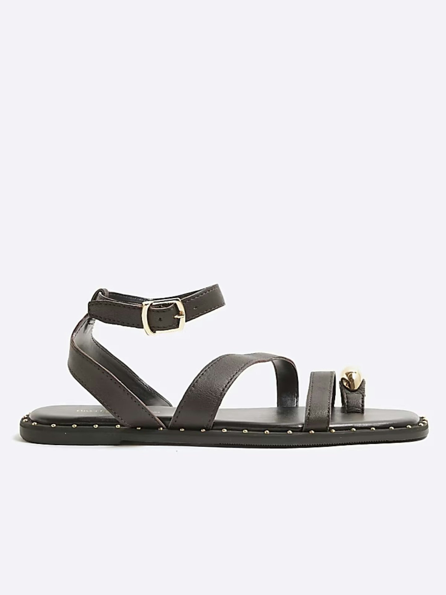 River Island, Brown Studded Toe Clip Leather Sandals