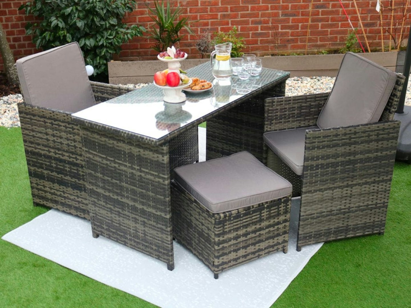 Furniture Maxi Eton 4 Seater Rattan Garden Cube Armchair with Bar Dining Table Set
