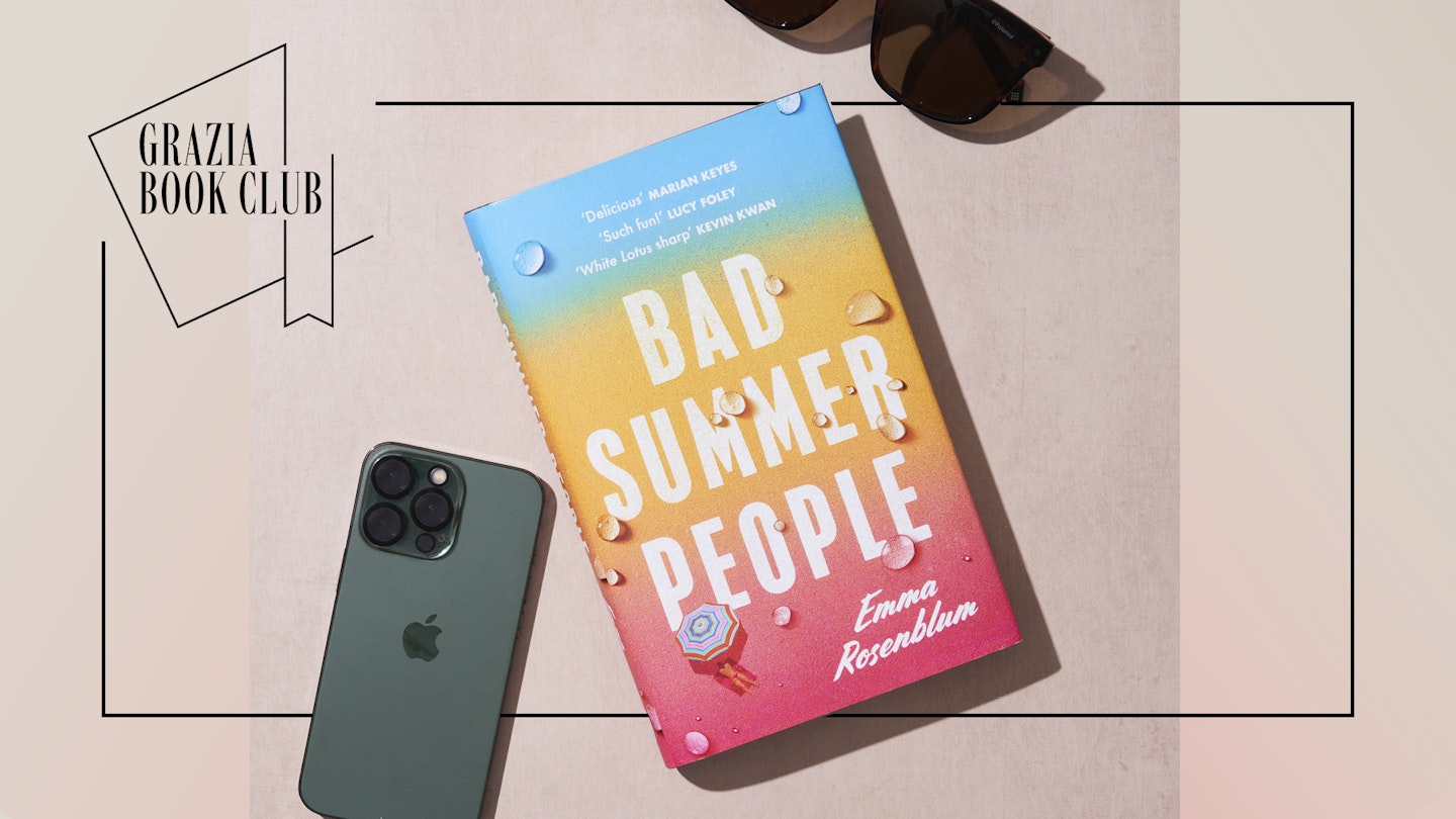 Image showing Grazia Book CLub's lasted Read, Bad Summer People by Emma Rosenblum with a phone and sunglasses