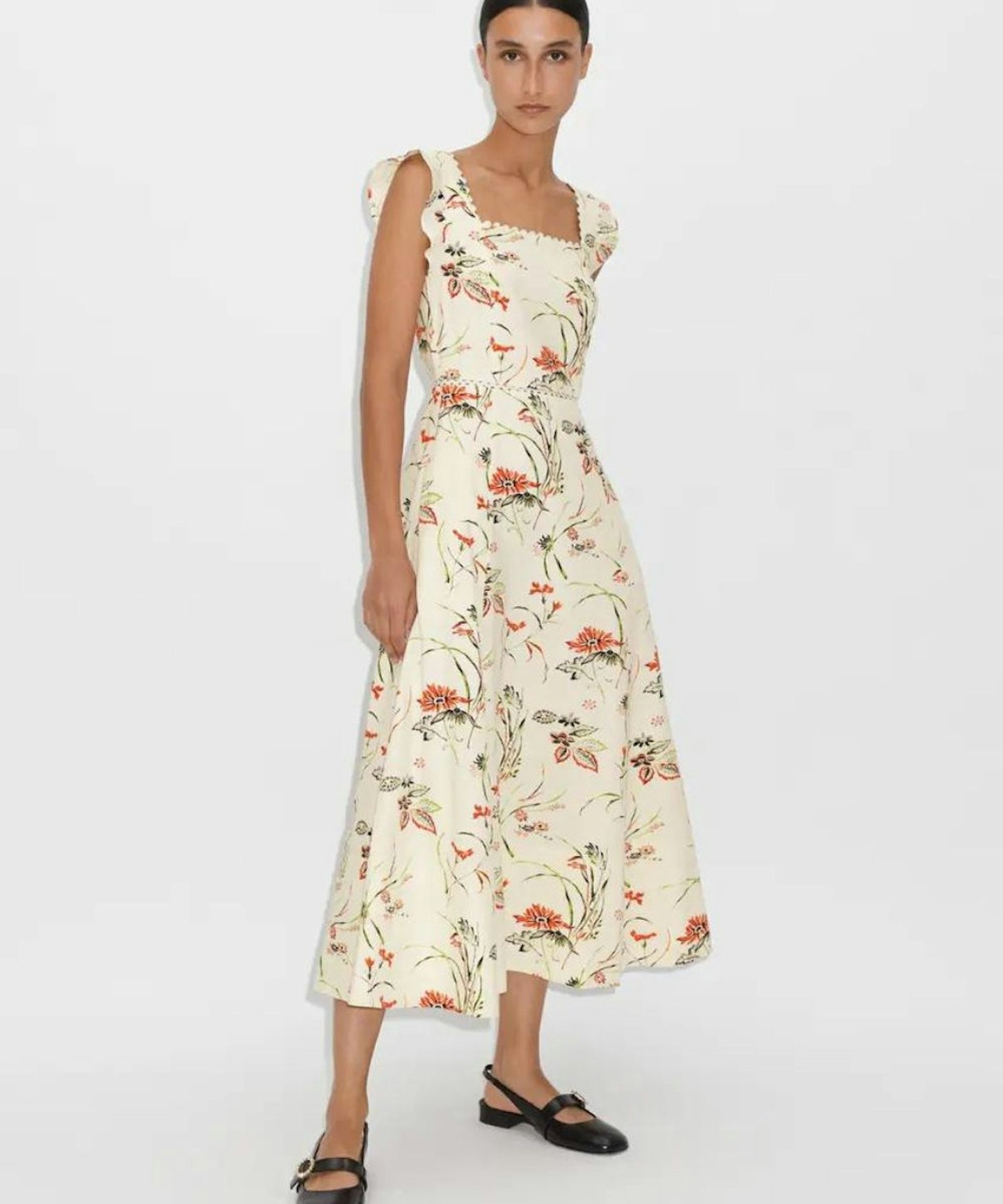 Linen-Blend Delicate Bloom Print Midi Dress