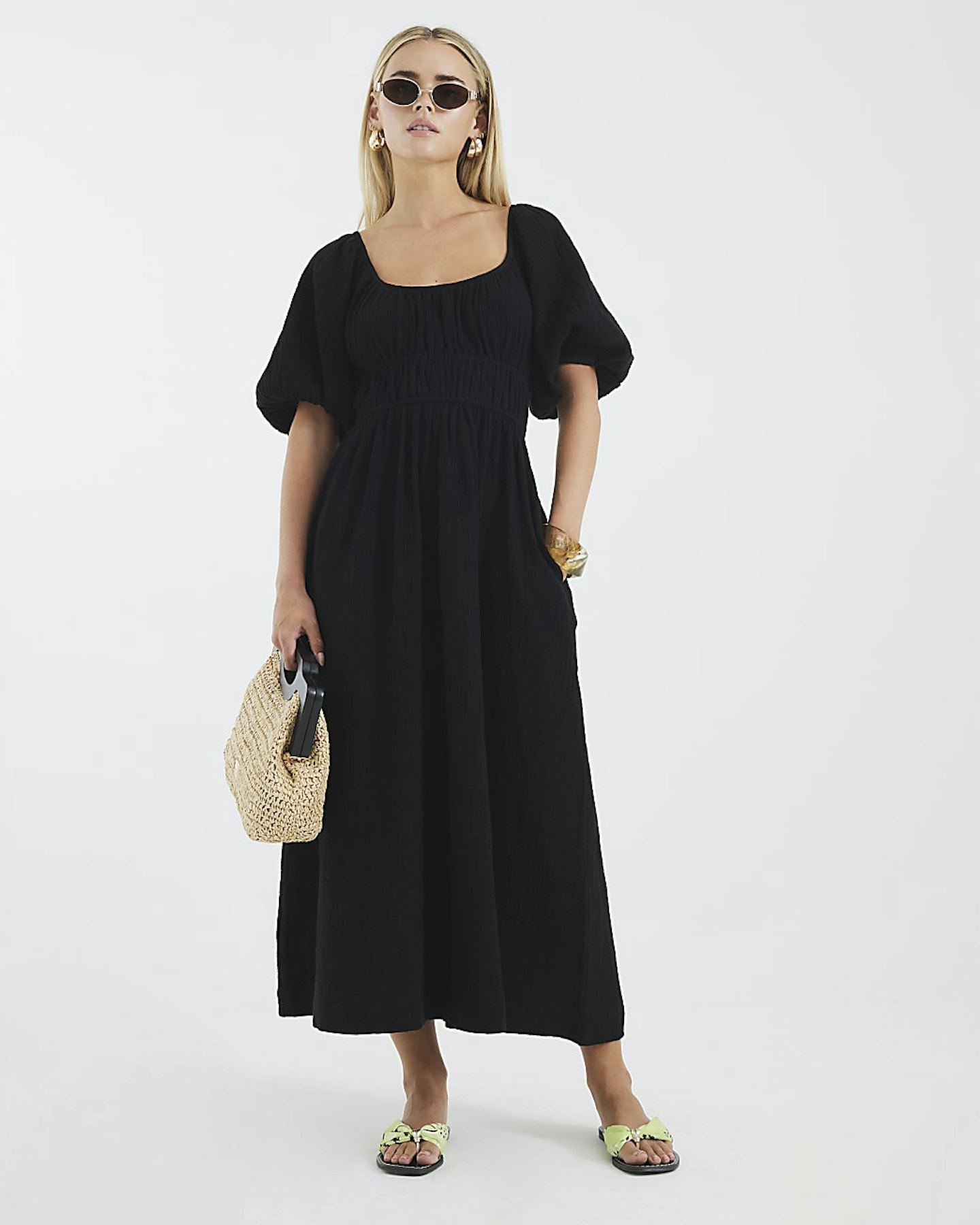 River Island, Petite Black Short Sleeve Midi Dress