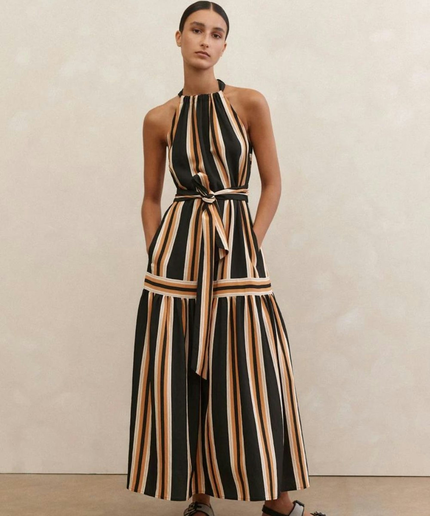 Striped Halterneck Maxi Dress + Belt