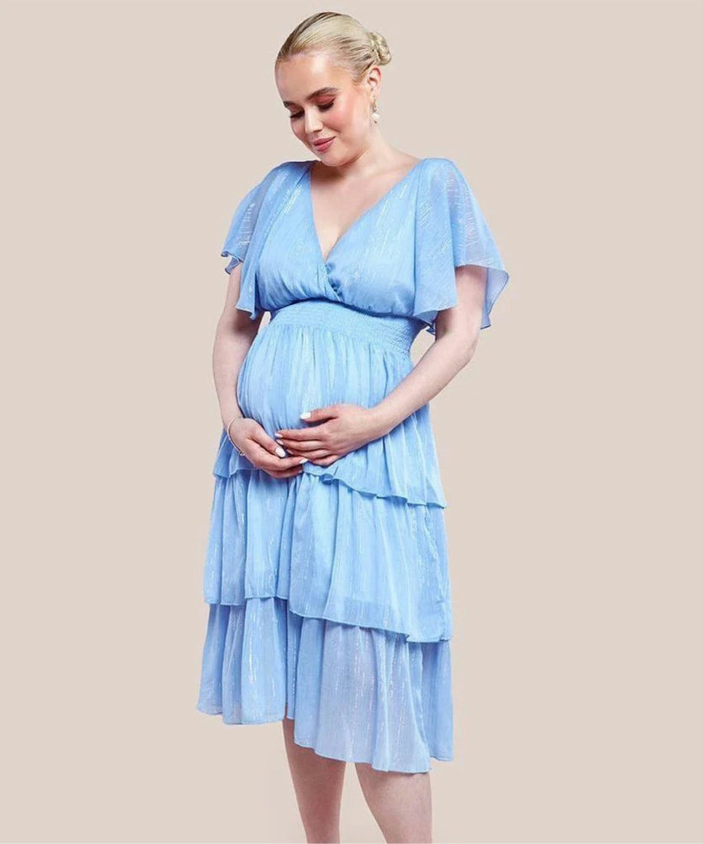 Goddiva Maternity Light Blue Chiffon Tiered Midi Dress