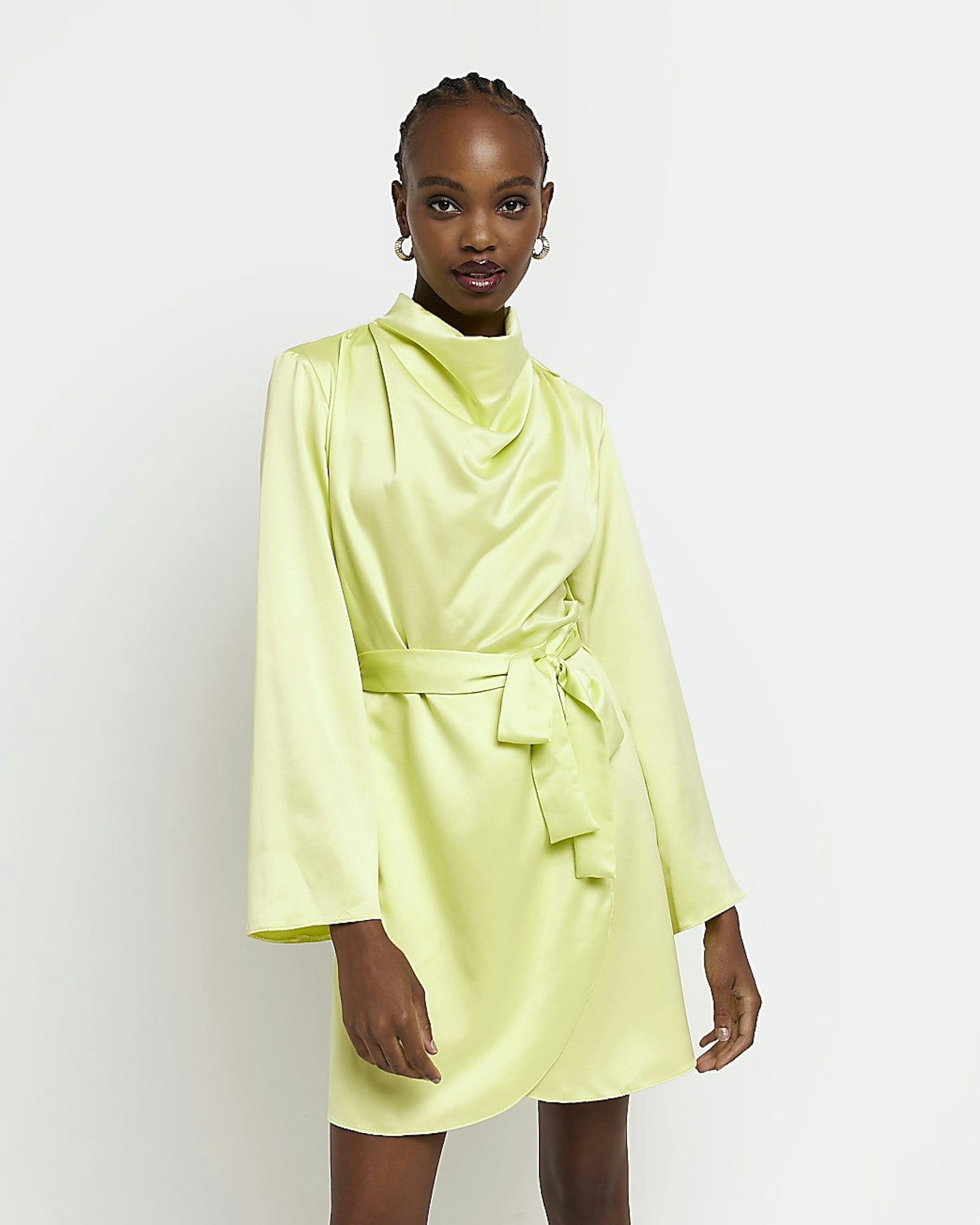 River Island, Lime Green Satin High-Neck Mini Dress