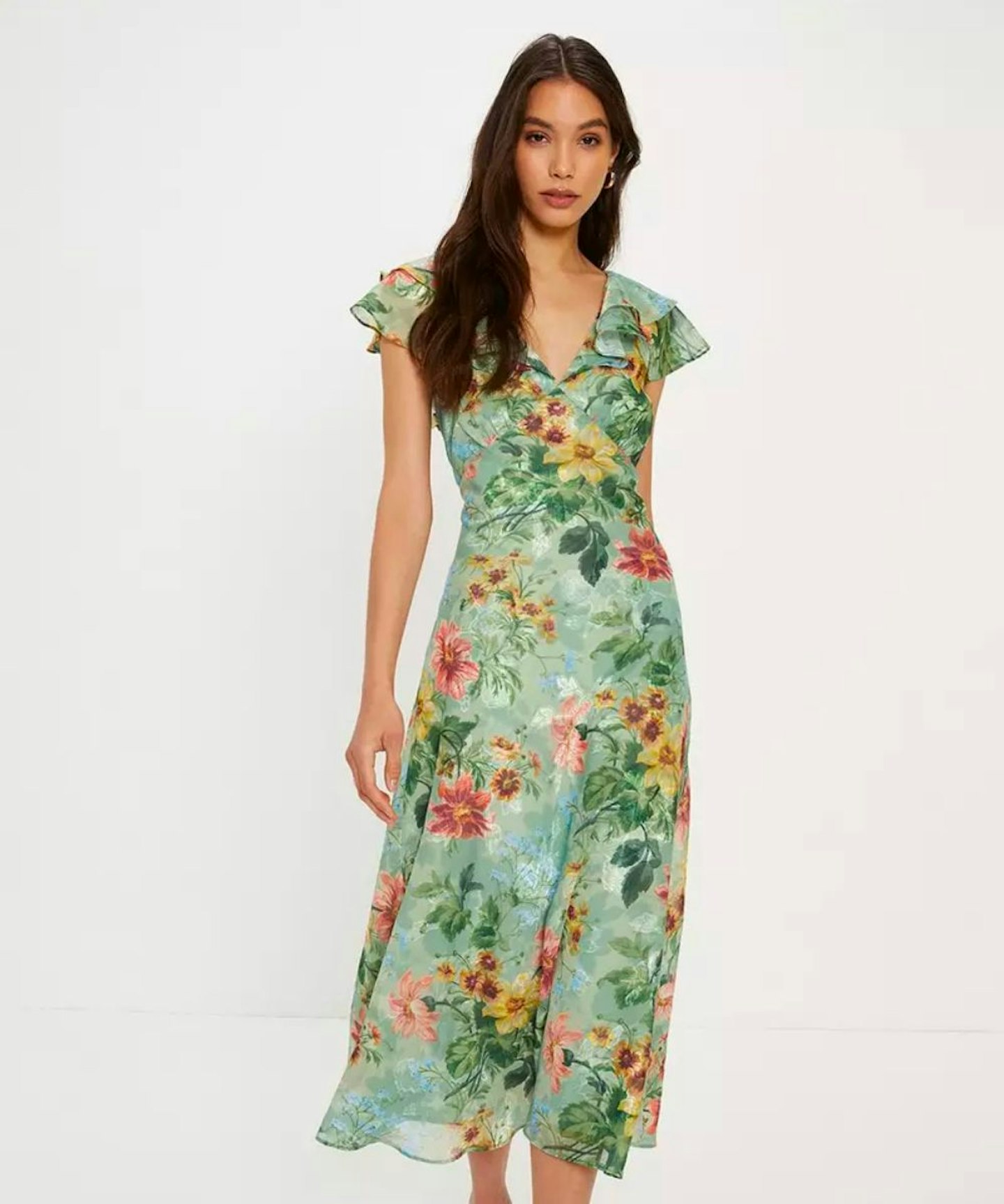 Oasis, Soft Floral Satin Burnout Ruffle Midi Dress