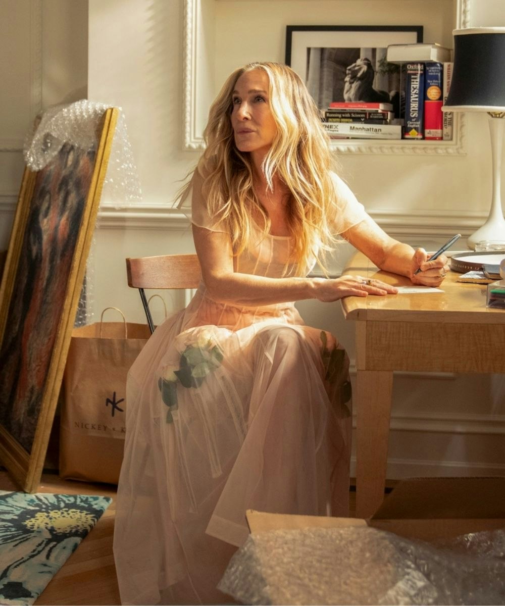 carrie bradshaw wearing a simone rocha dress in and just like that season 3