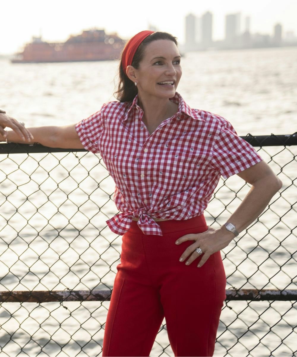charlotte york in and just like that wearing a gingham shirt