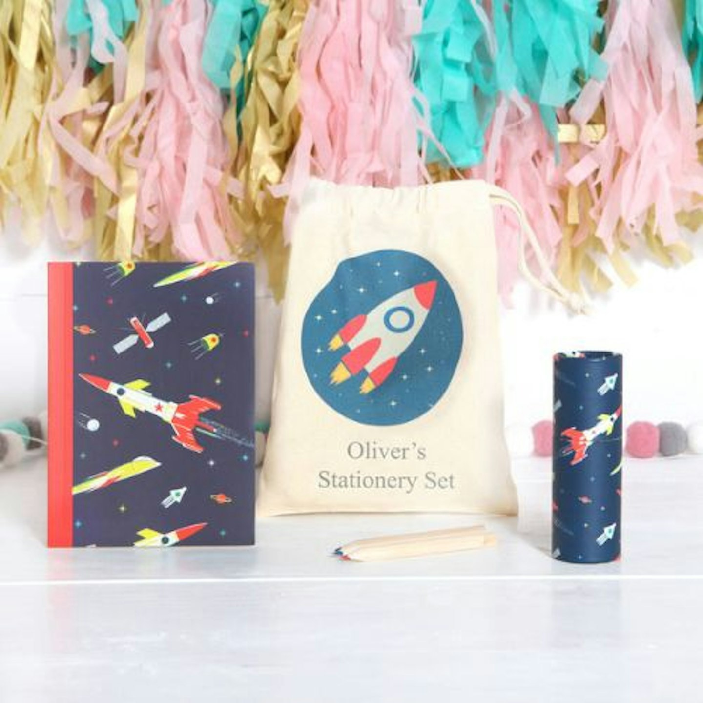 Not On The High Street, Space Rocket Stationery Set With Personalised Bag