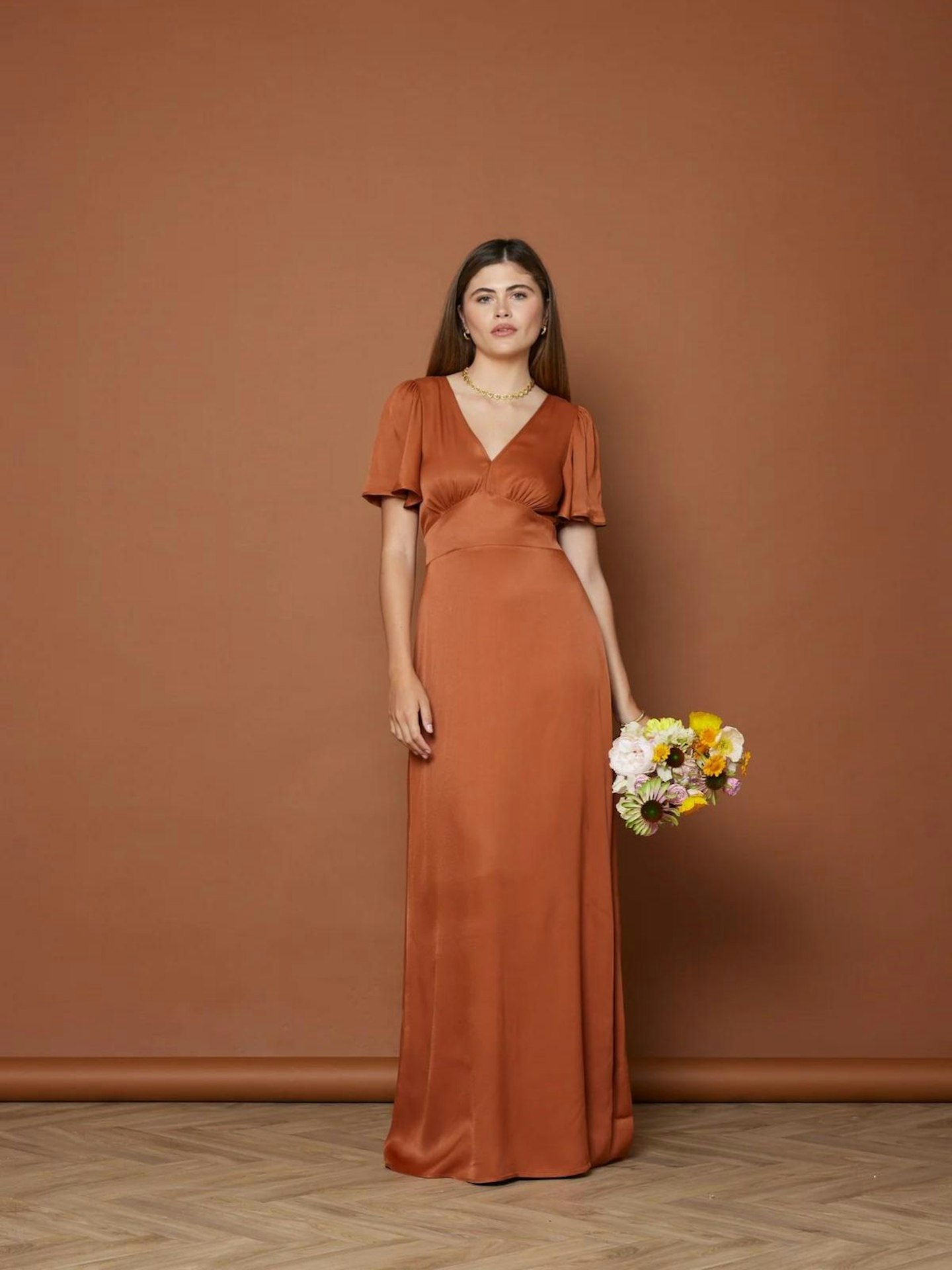 Maids To Measure, Cleo Burnt Orange Wrap Satin Dress