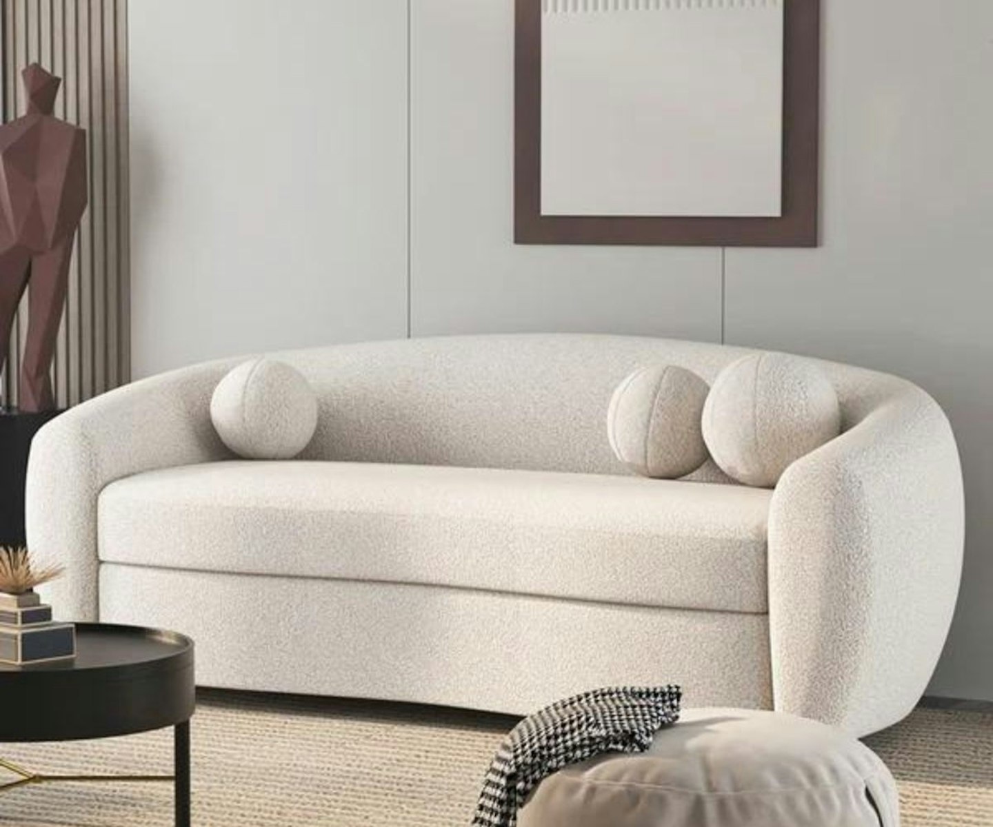 Homary, 2080mm Modern White Boucle 3 Seaters Curved Sofa