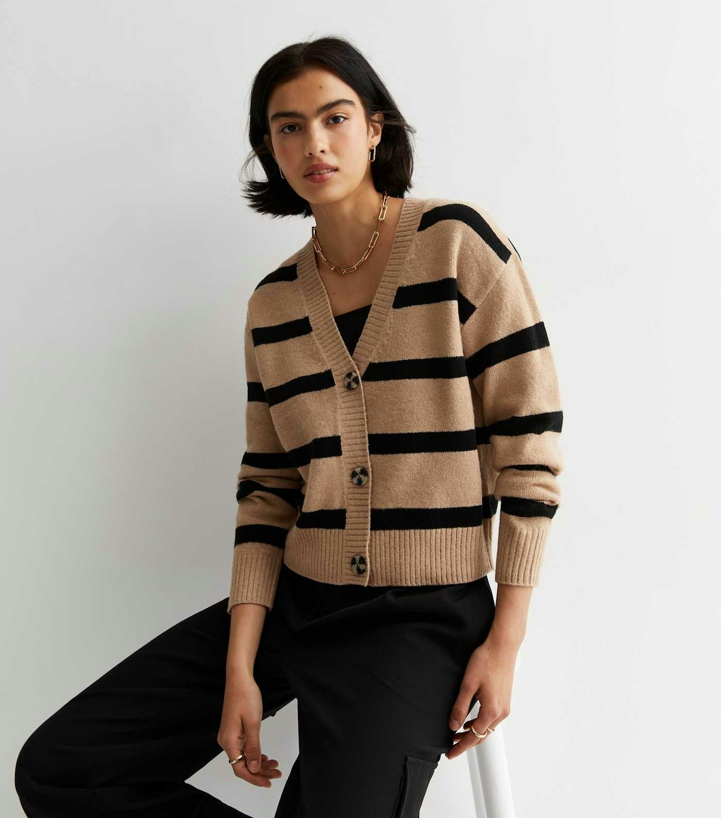 New Look, Brown Stripe Knit Button-Front Cardigan