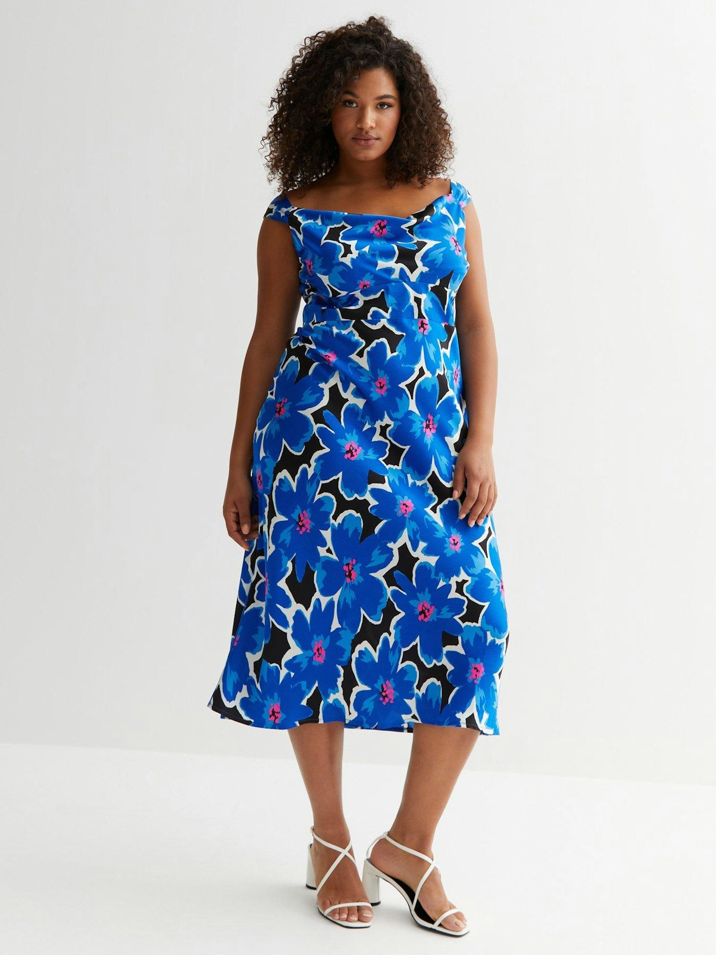 New Look, Curves Blue Floral Cowl-Neck Midi Dress