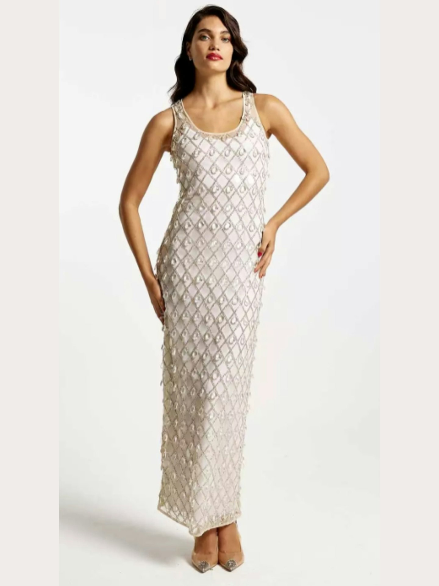 Nine by River Island Cream Sheer Embellished Maxi Dress