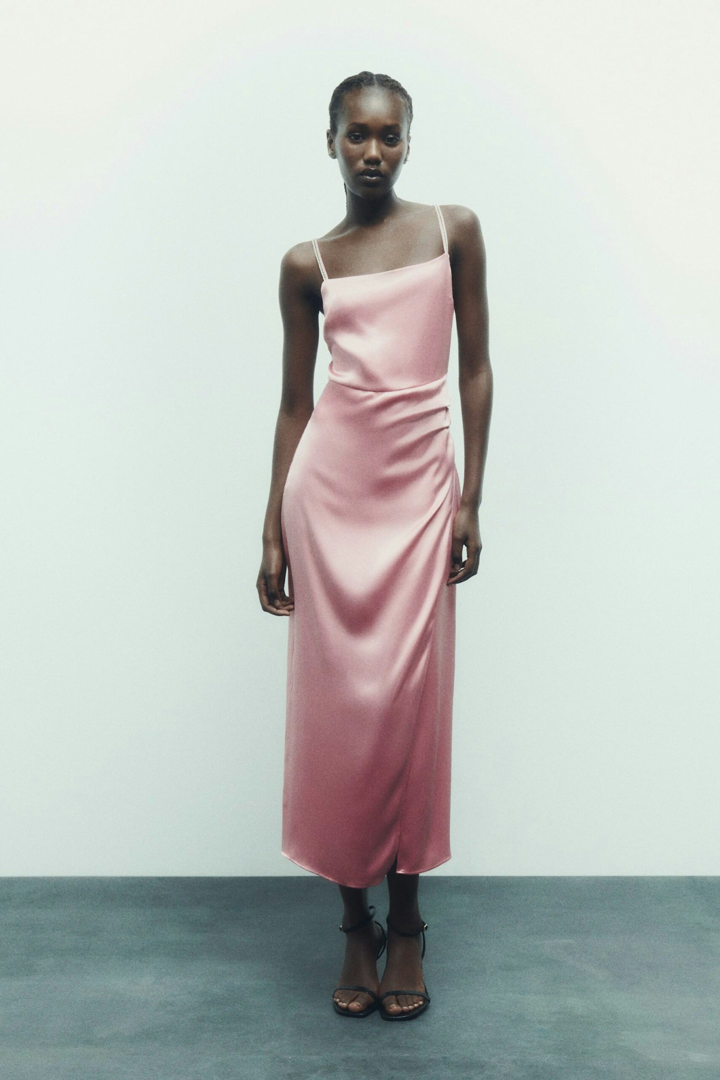 Zara, Satin Dress With Rhinestone Straps