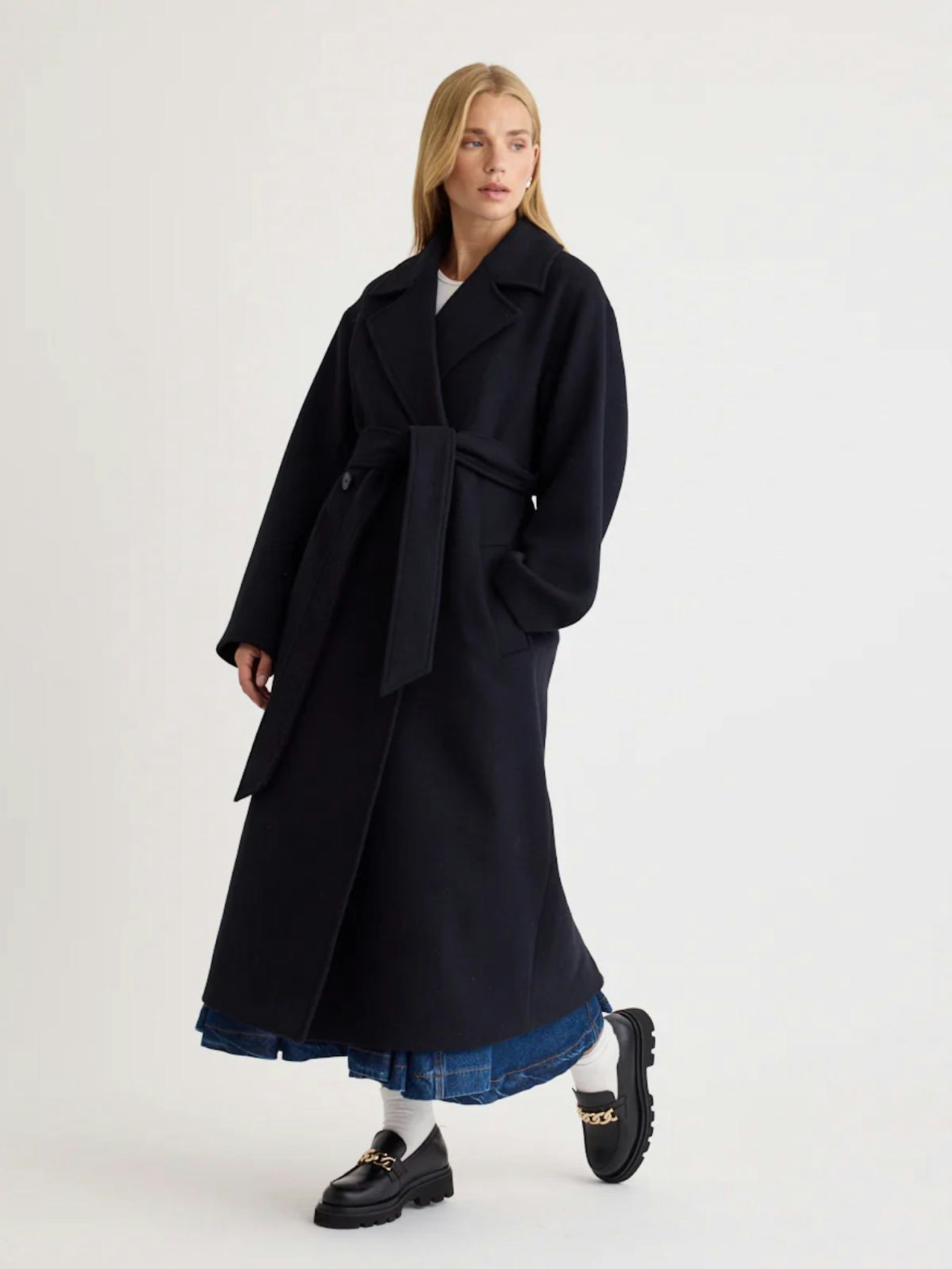 Nobody's Child, Oversized Navy Belted Wool Blend Coat