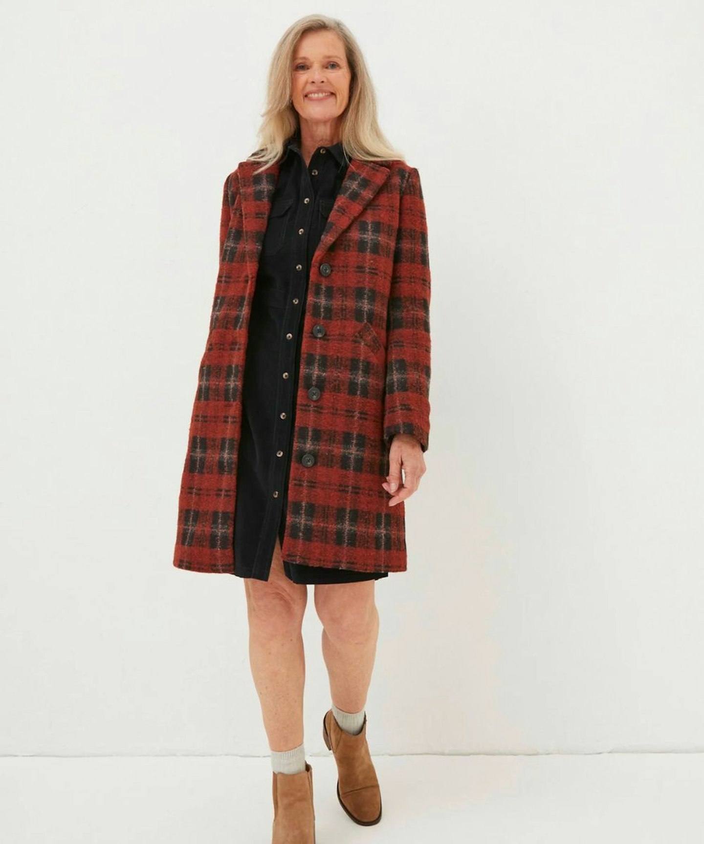 Fatface Checked Collared Longline Coat with Wool