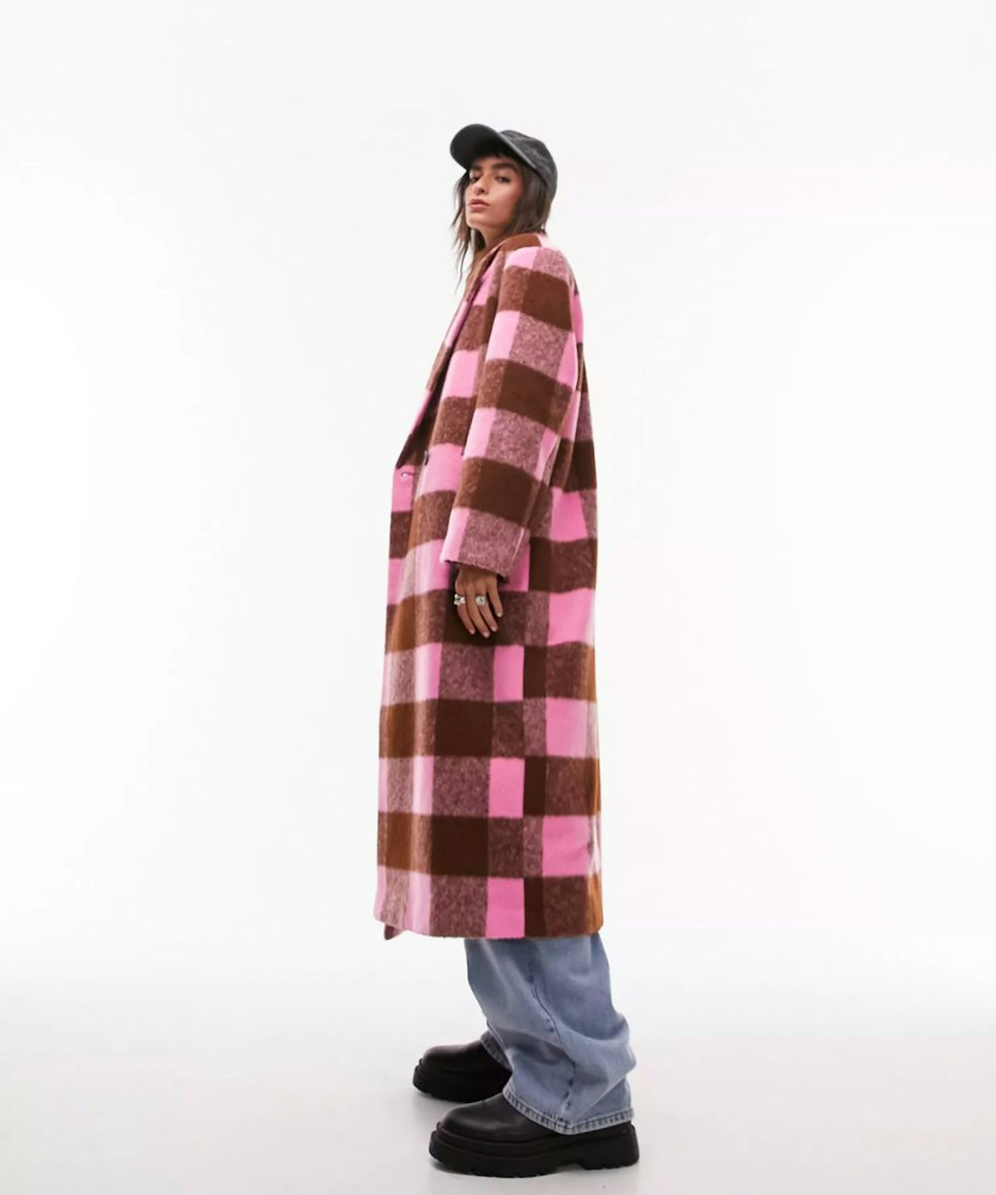 Topshop Long-Line Brushed Formal Coat In Pink Check