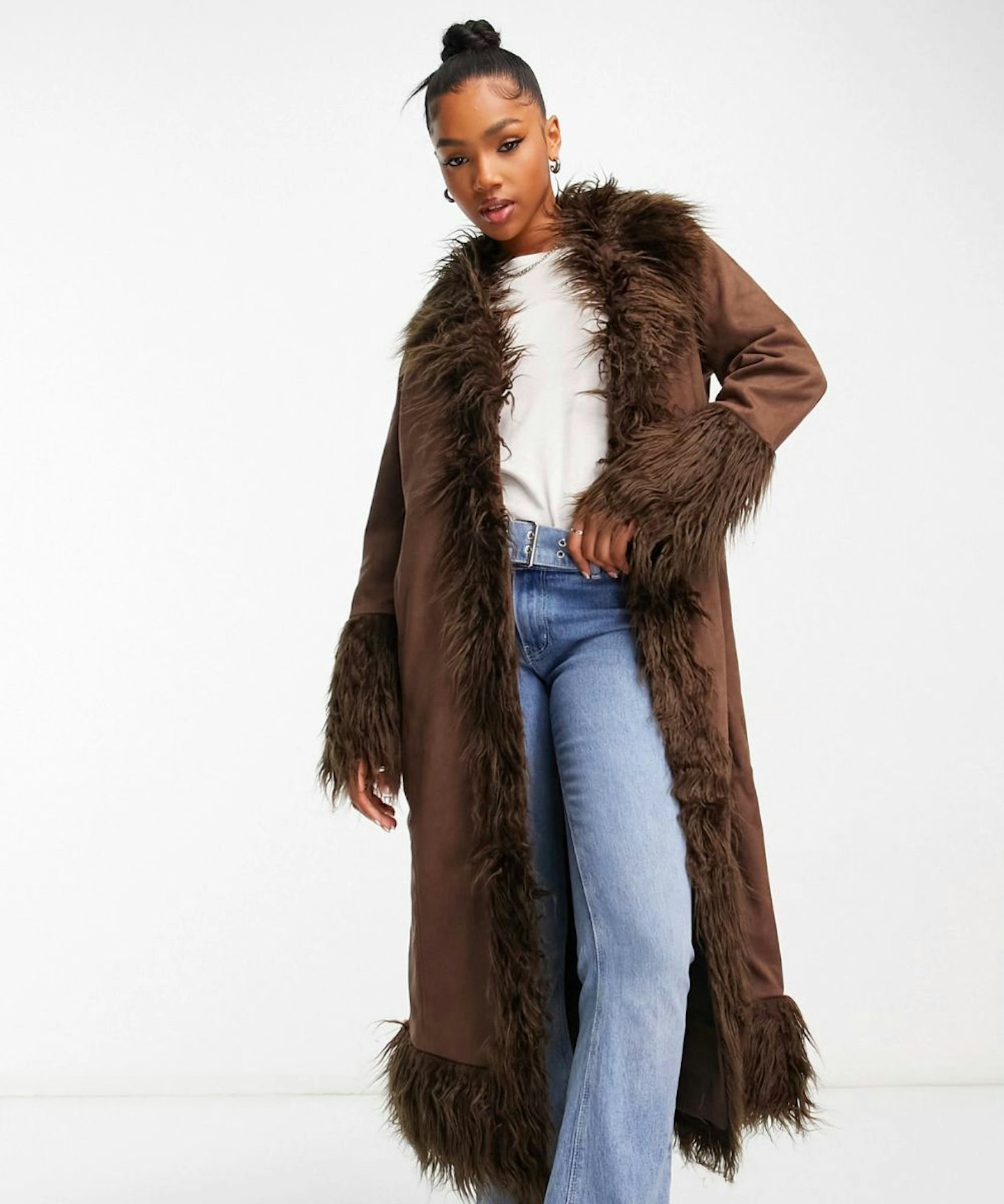 Urban Code Longline Faux Shaggy Fur Jacket In Chocolate Brown