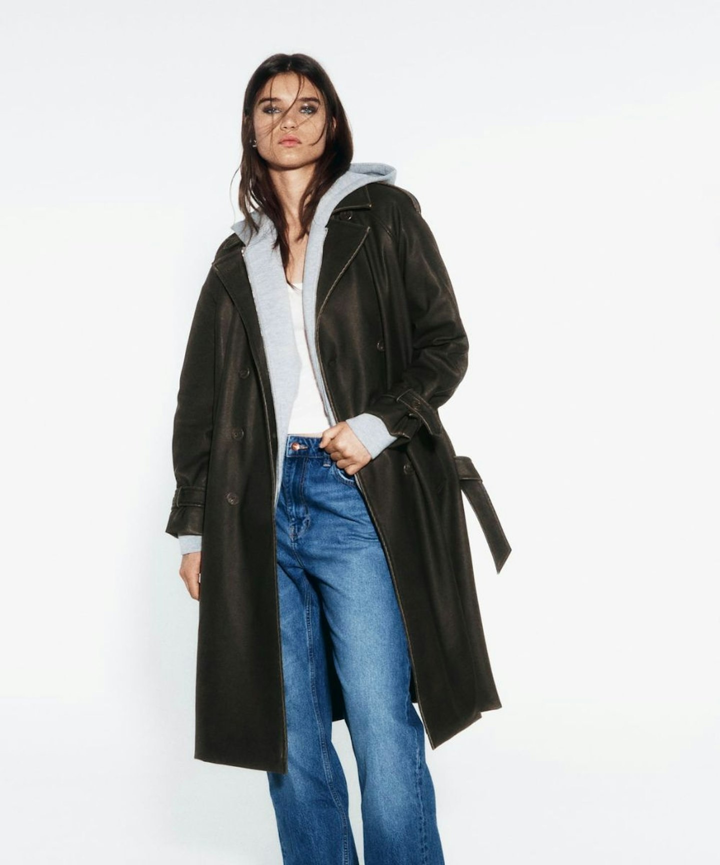Zara Distressed Leather Effect Trench Coat