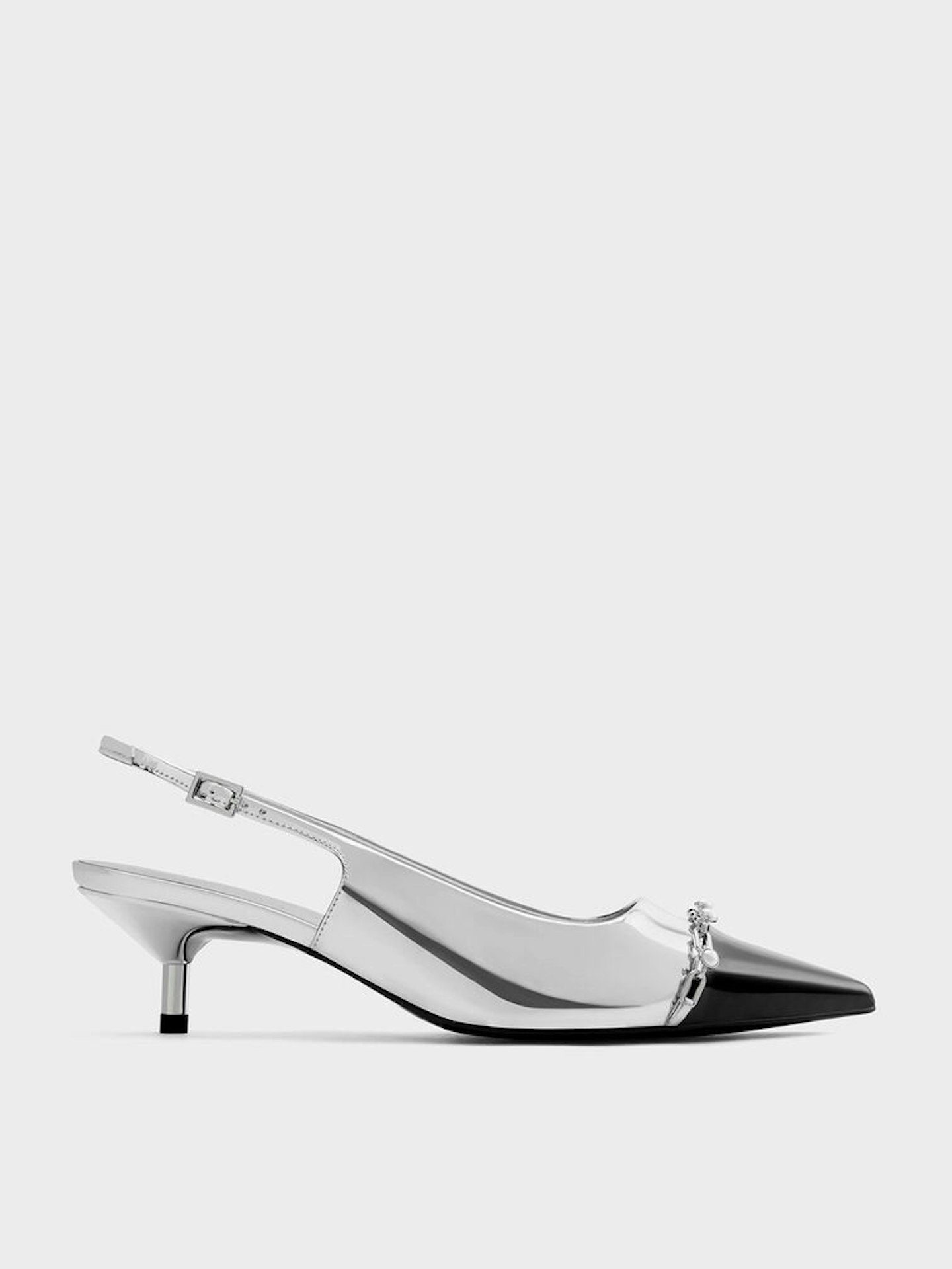 Charles & Keith, Metallic Pearl Chain-Link Silver Slingback Pumps